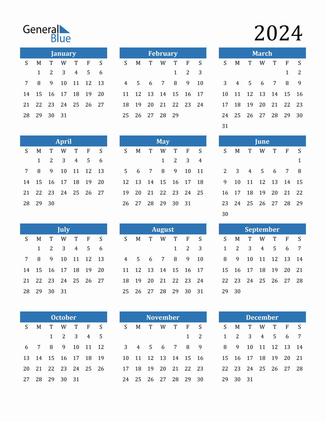 Free 2024 Calendars In Pdf, Word, Excel for 2024 Calendar Sunday Start Printable