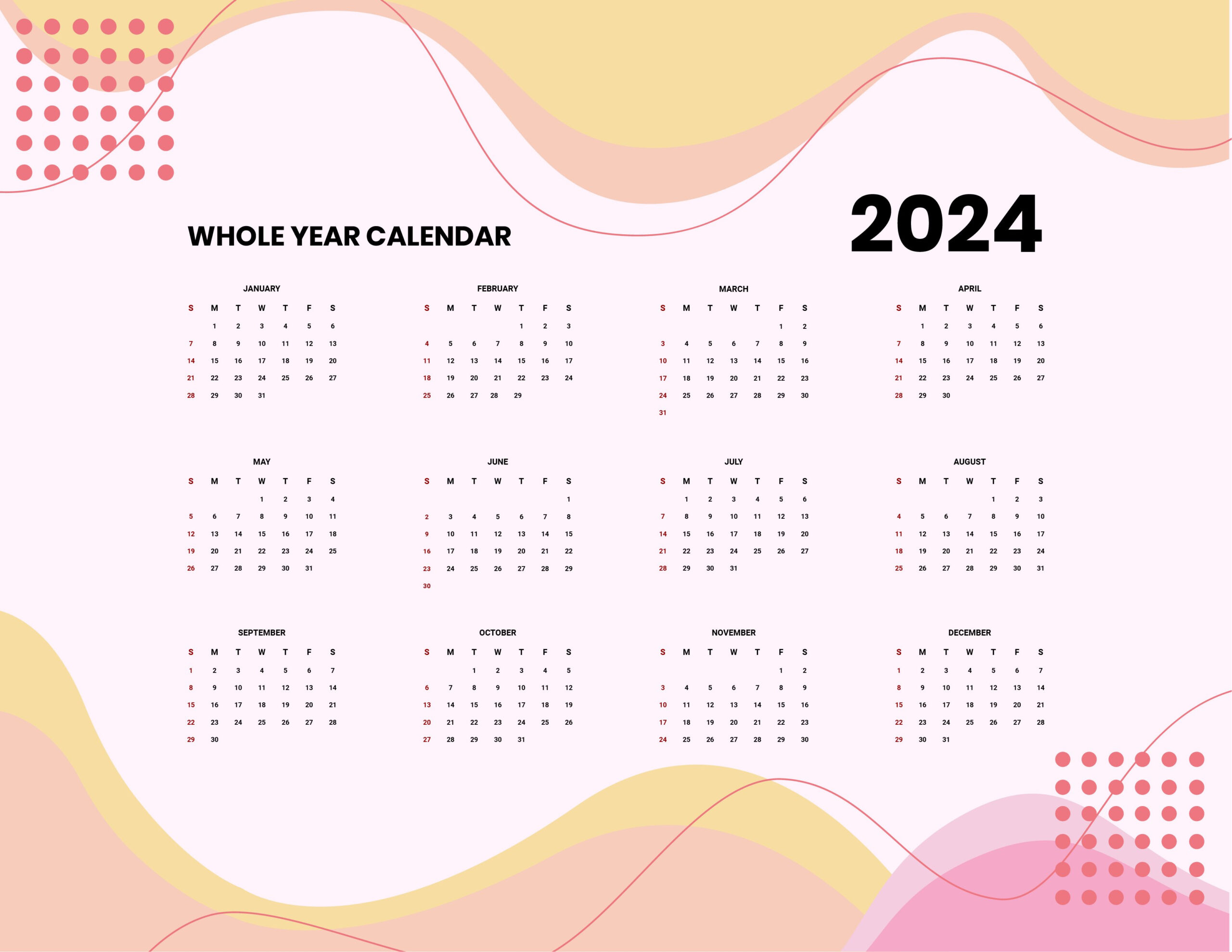 Free Blank Year 2024 Calendar - Word, Google Docs, Illustrator for Free Editable Printable Calendar 2024