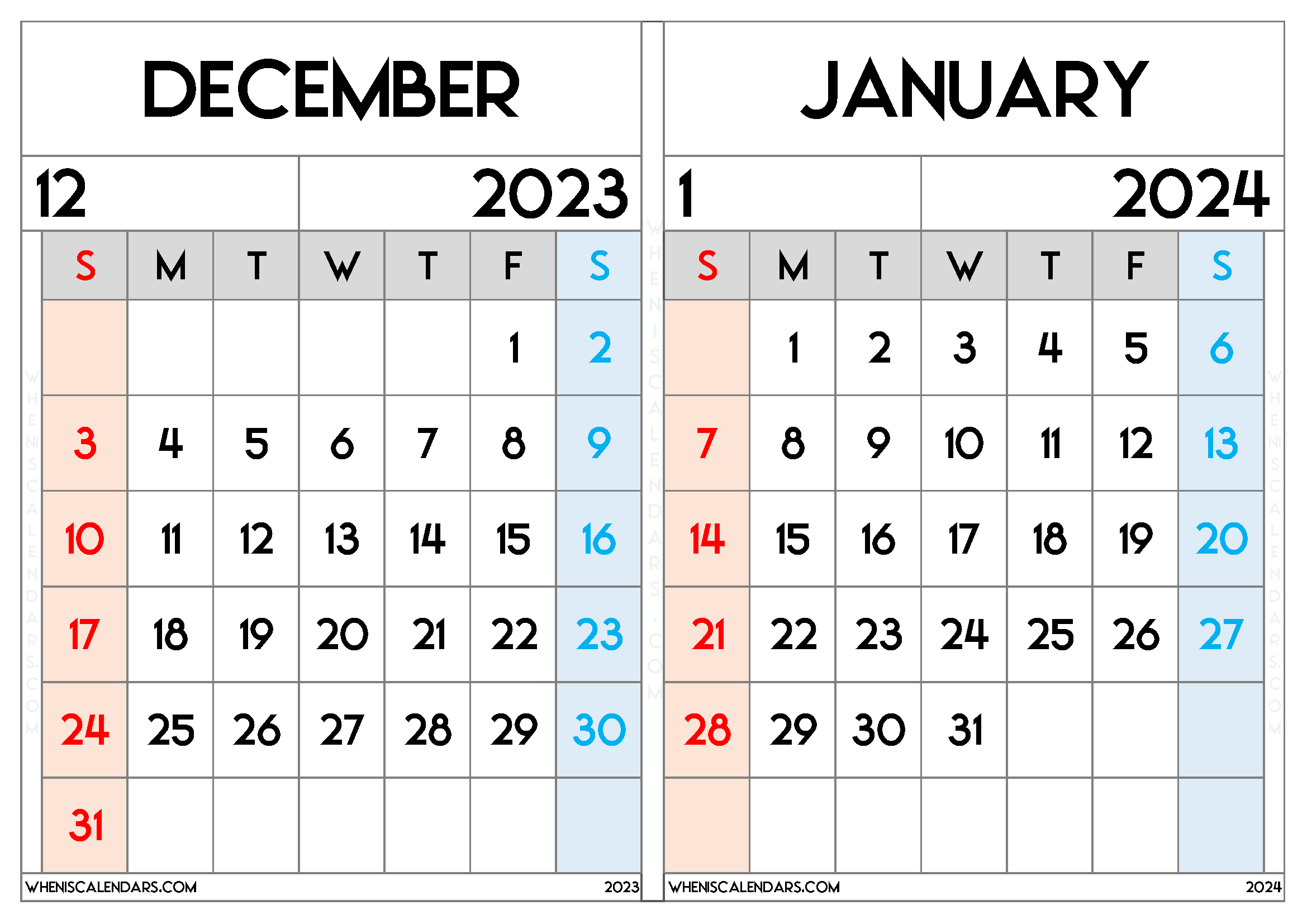 Free December 2023 January 2024 Calendar Printable Two Month for Calendar December 2023 And January 2024 Printable