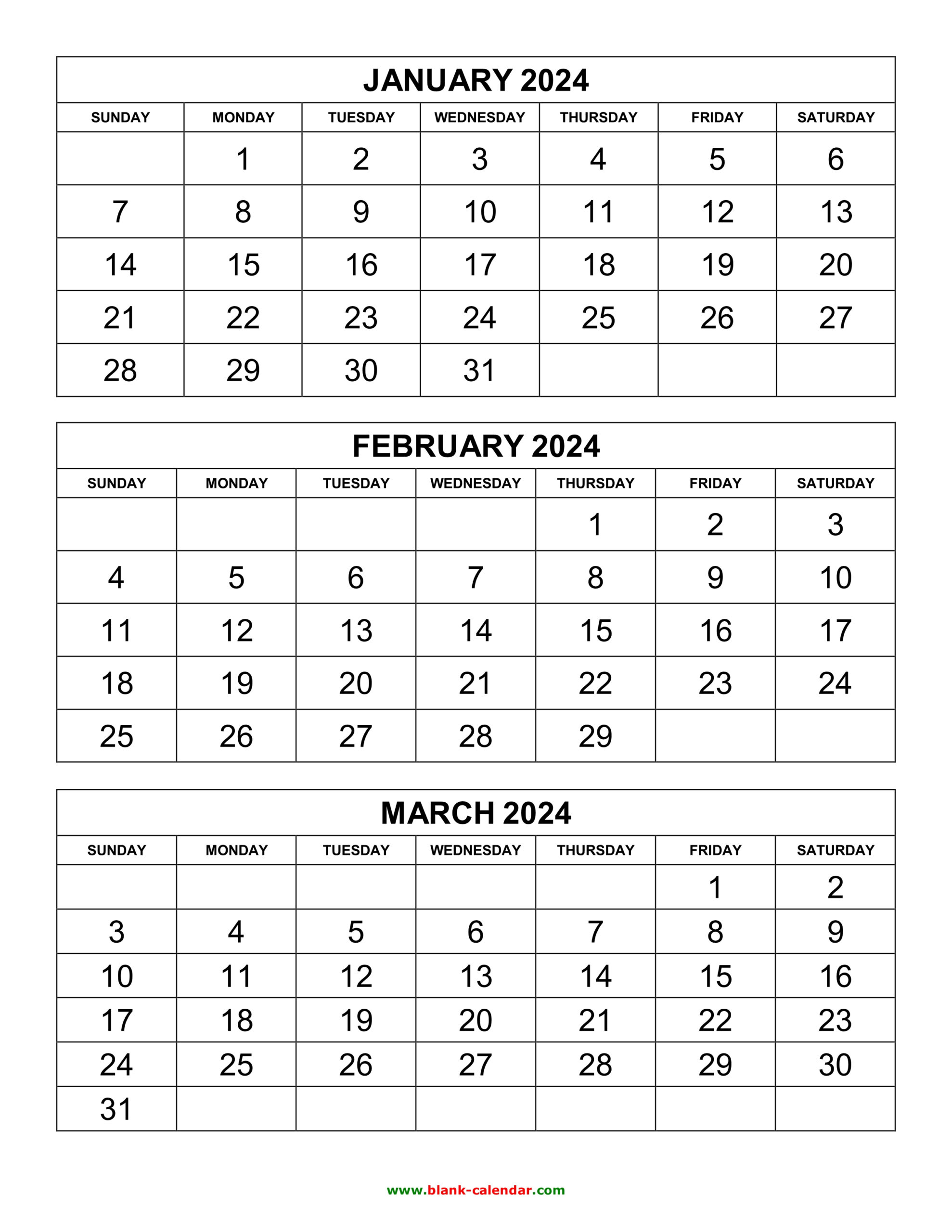 Free Download Printable Calendar 2024, 3 Months Per Page, 4 Pages for 2024 3 Month Calendar Printable