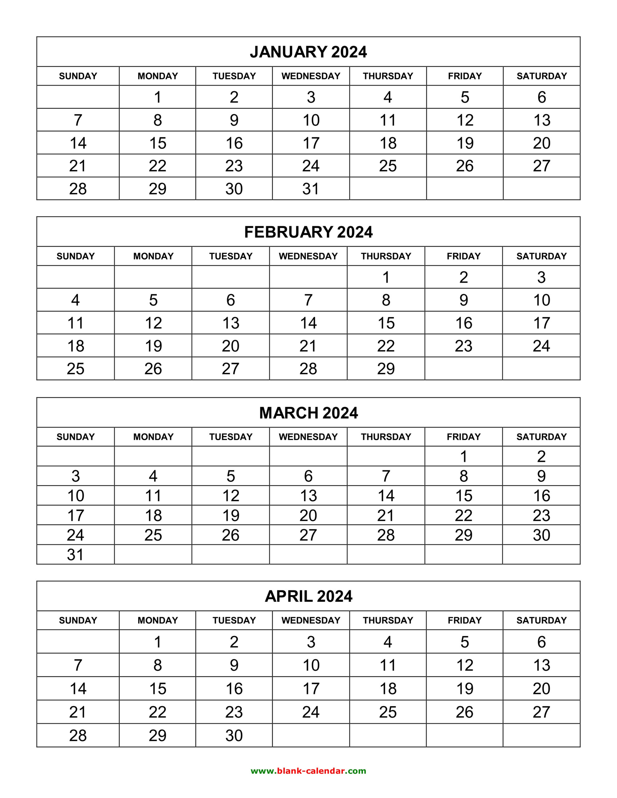 Free Download Printable Calendar 2024, 4 Months Per Page, 3 Pages for 2024 Printable Calendar 4 Months Per Page