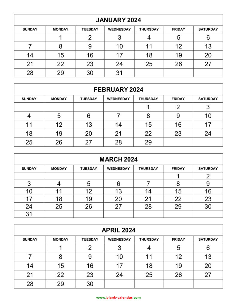 Printable 4 Month Calendar 2024 Printable Calendar 2024