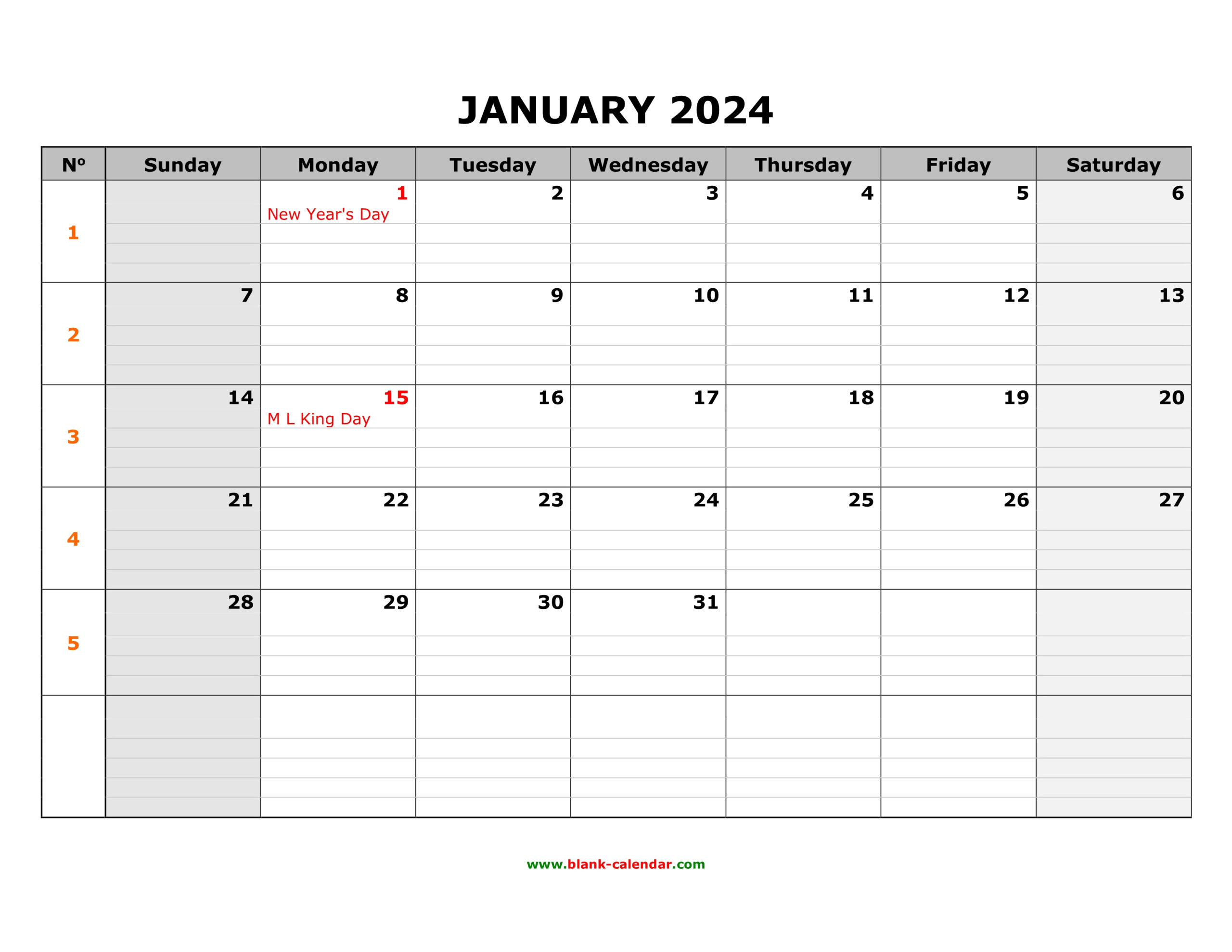 Free Download Printable Calendar 2024, Large Box Grid, Space For Notes for 2024 Calendar Printable Free Monthly