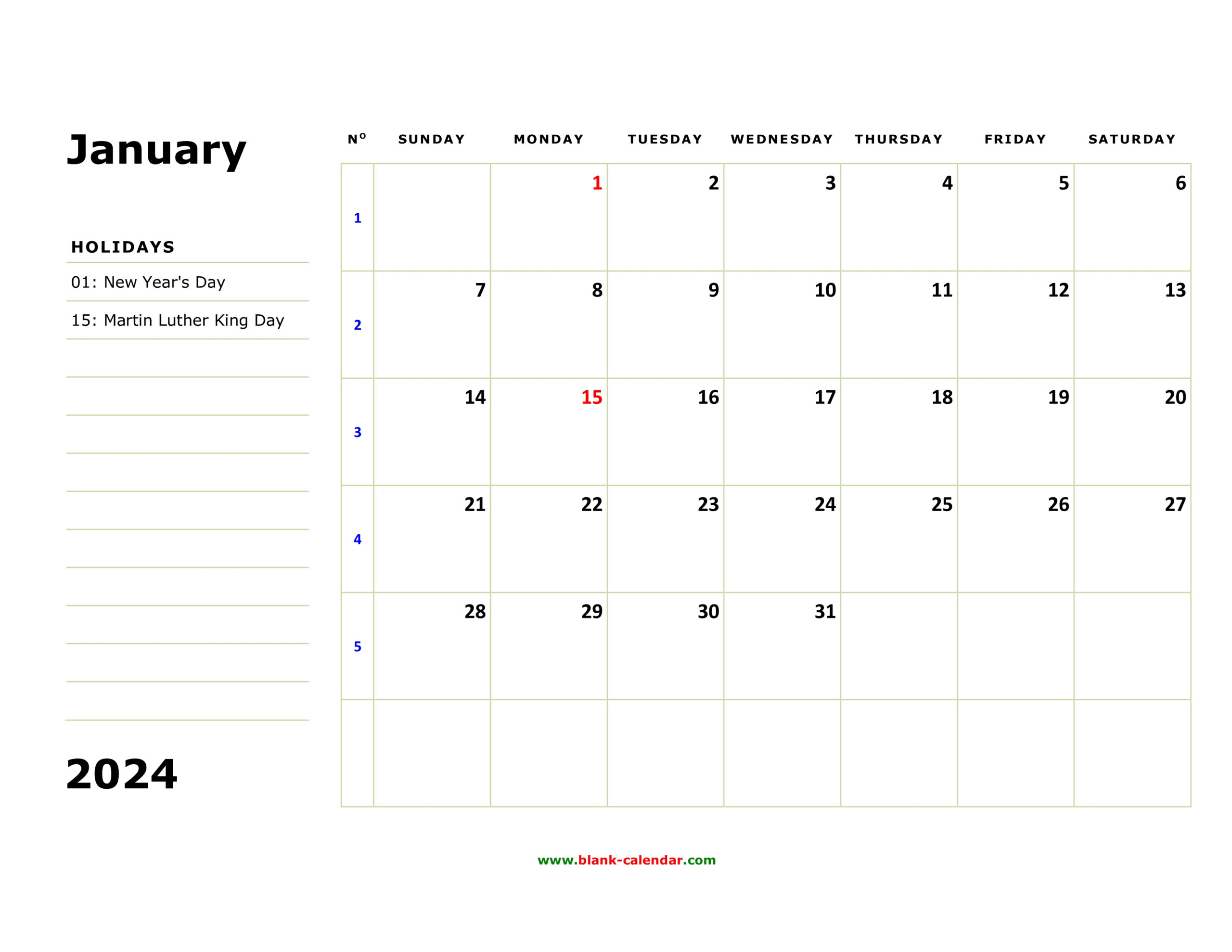 Free Download Printable Calendar 2024, Large Box, Holidays Listed for Free Printable 2024 Calendar With Notes