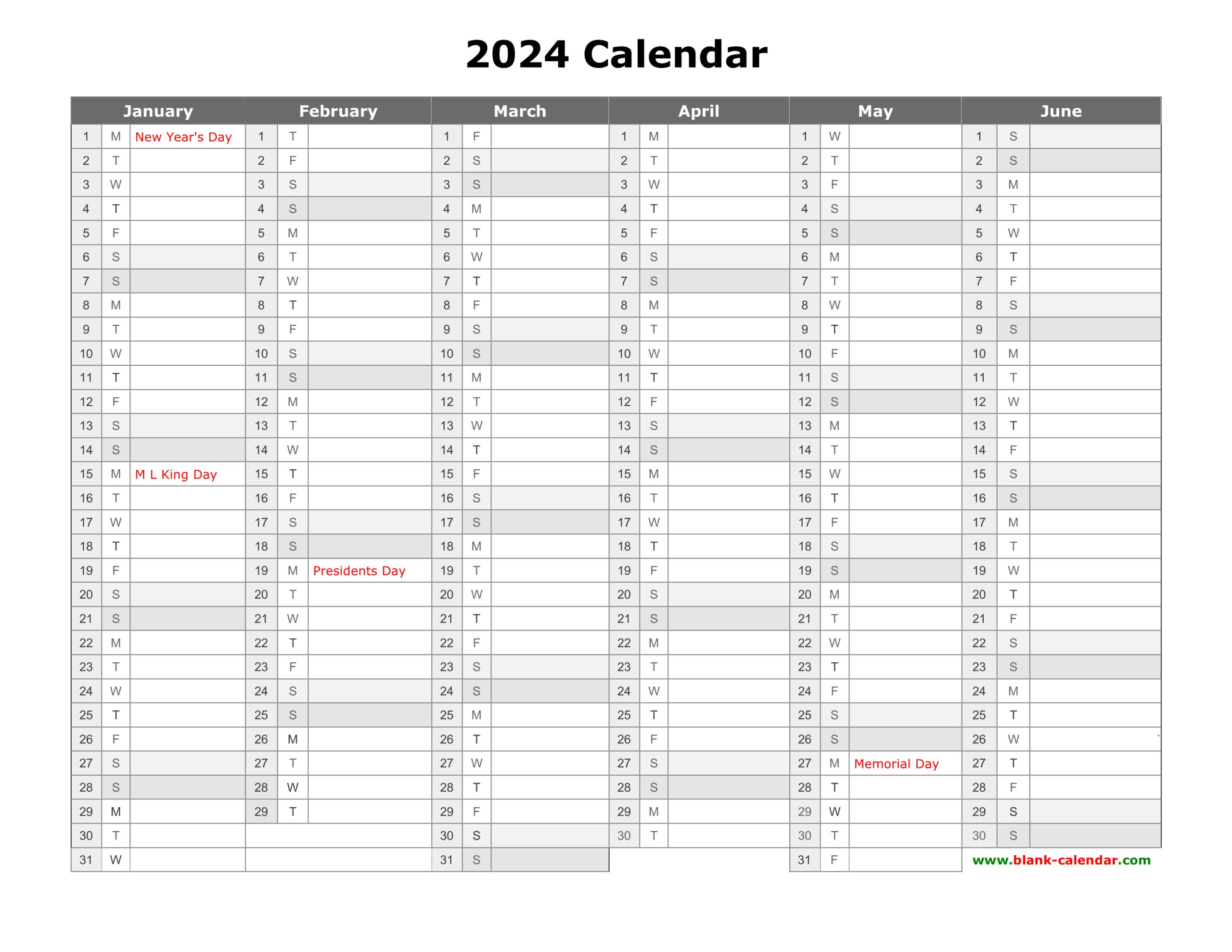 Free Download Printable Calendar 2024, Month In A Column, Half A for 12 Month 2024 Calendar Printable