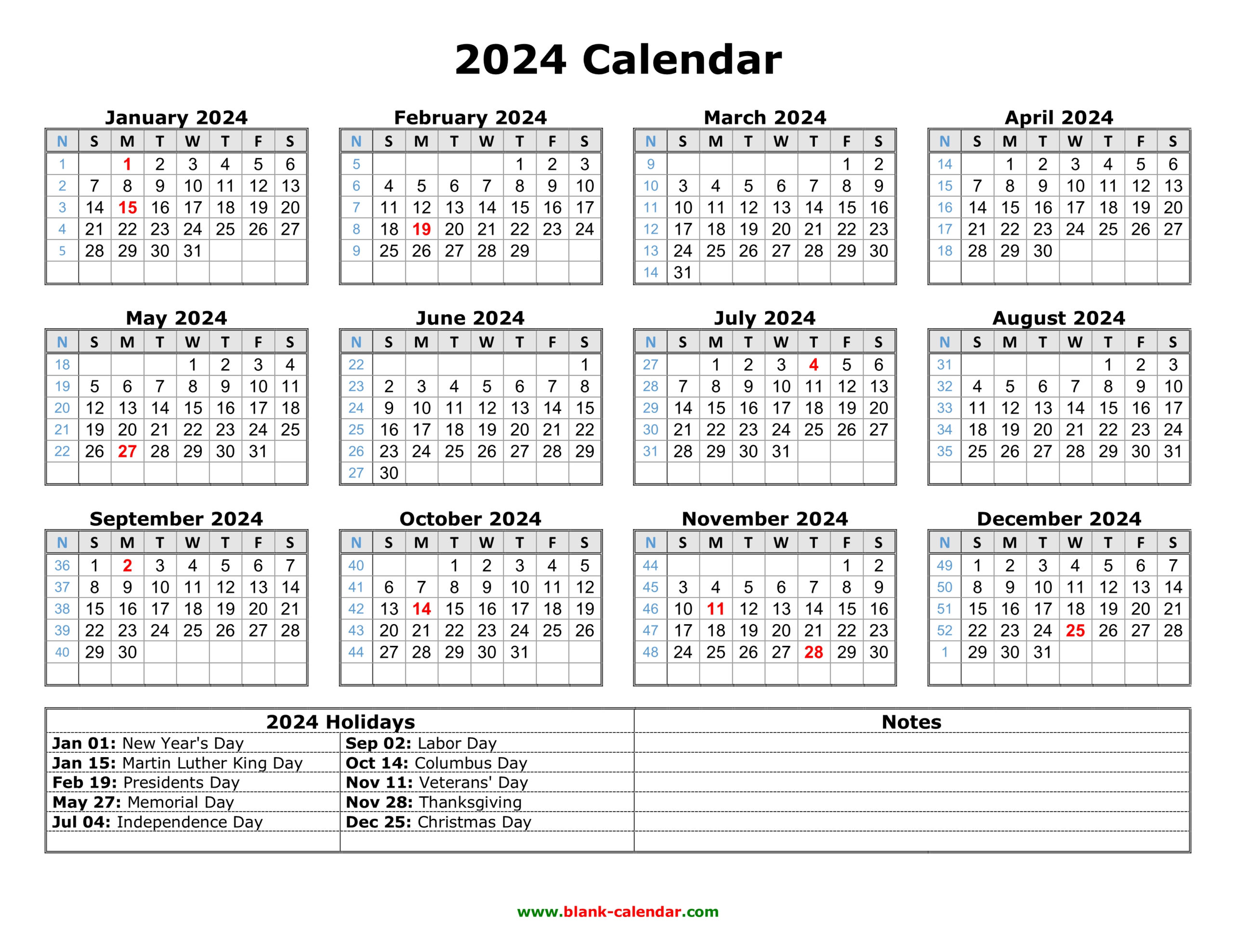 Free Download Printable Calendar 2024 With Us Federal Holidays for 2024 And 2024 Calendar With Holidays Printable