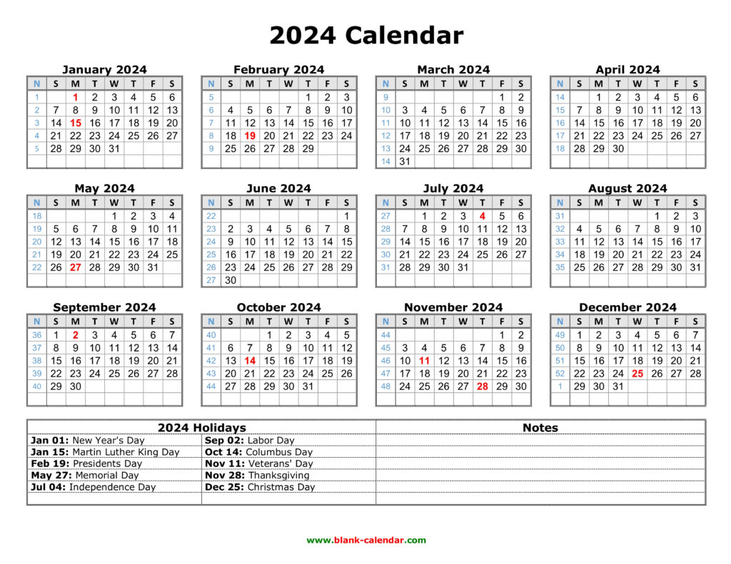 Free Printable 2024 12 Month Calendar With Holidays Printable