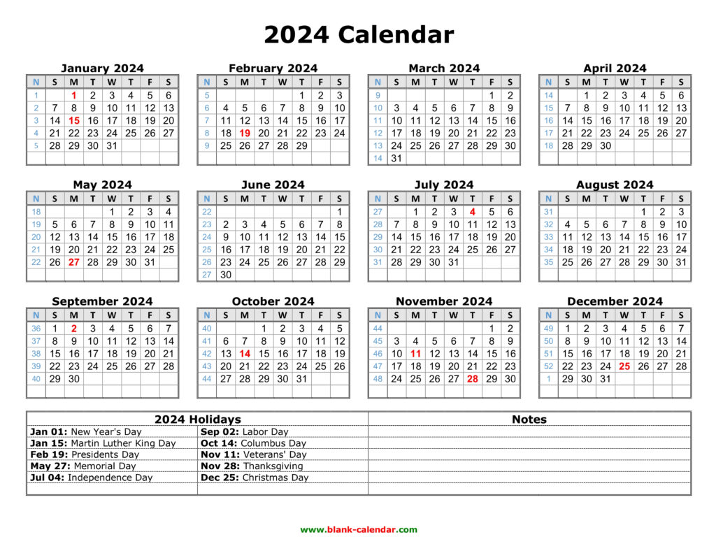 Free Printable 2024 Yearly Calendar With Holidays | Printable Calendar 2024