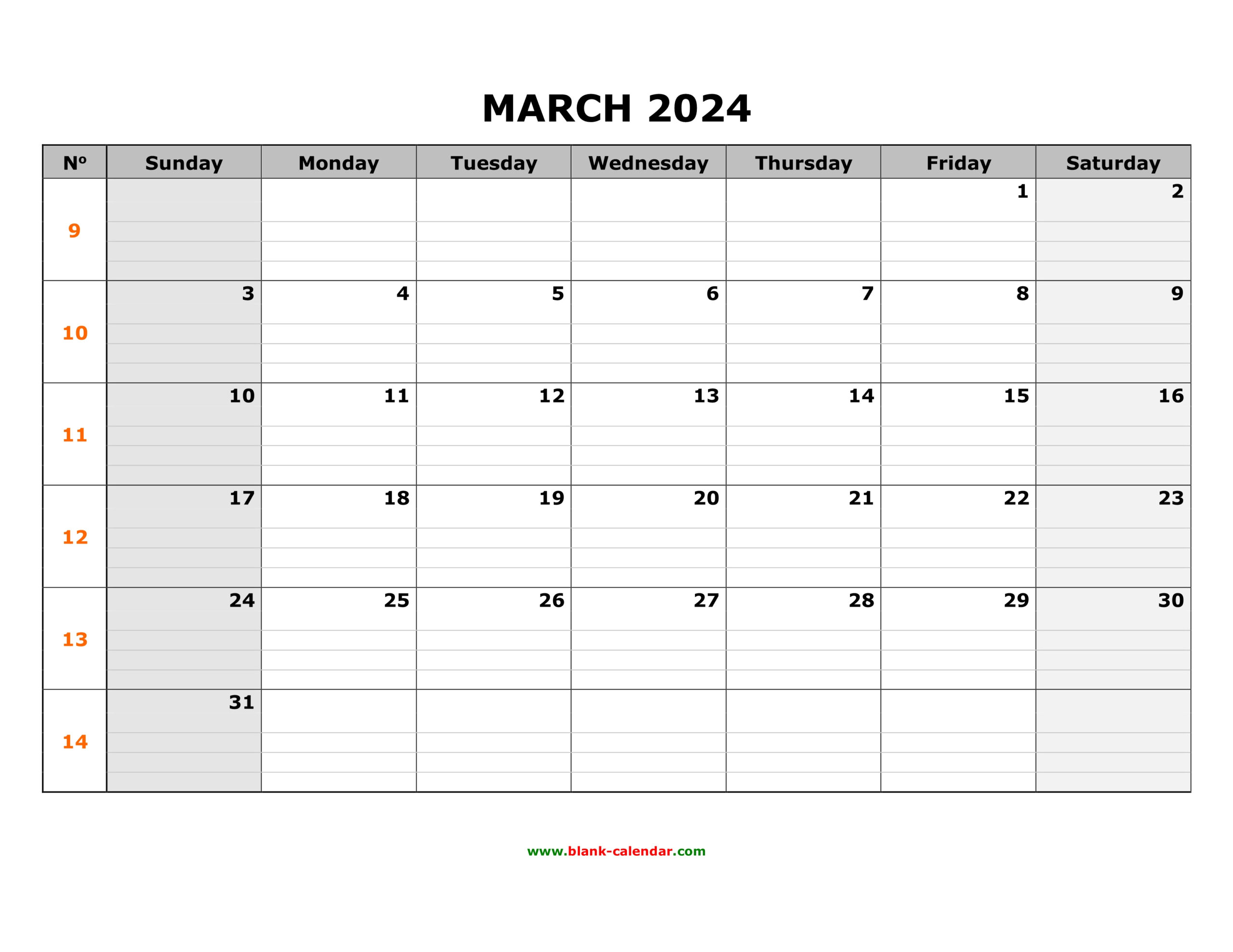 Free Download Printable March 2024 Calendar, Large Box Grid, Space for March 2024 Printable Calendar With Lines