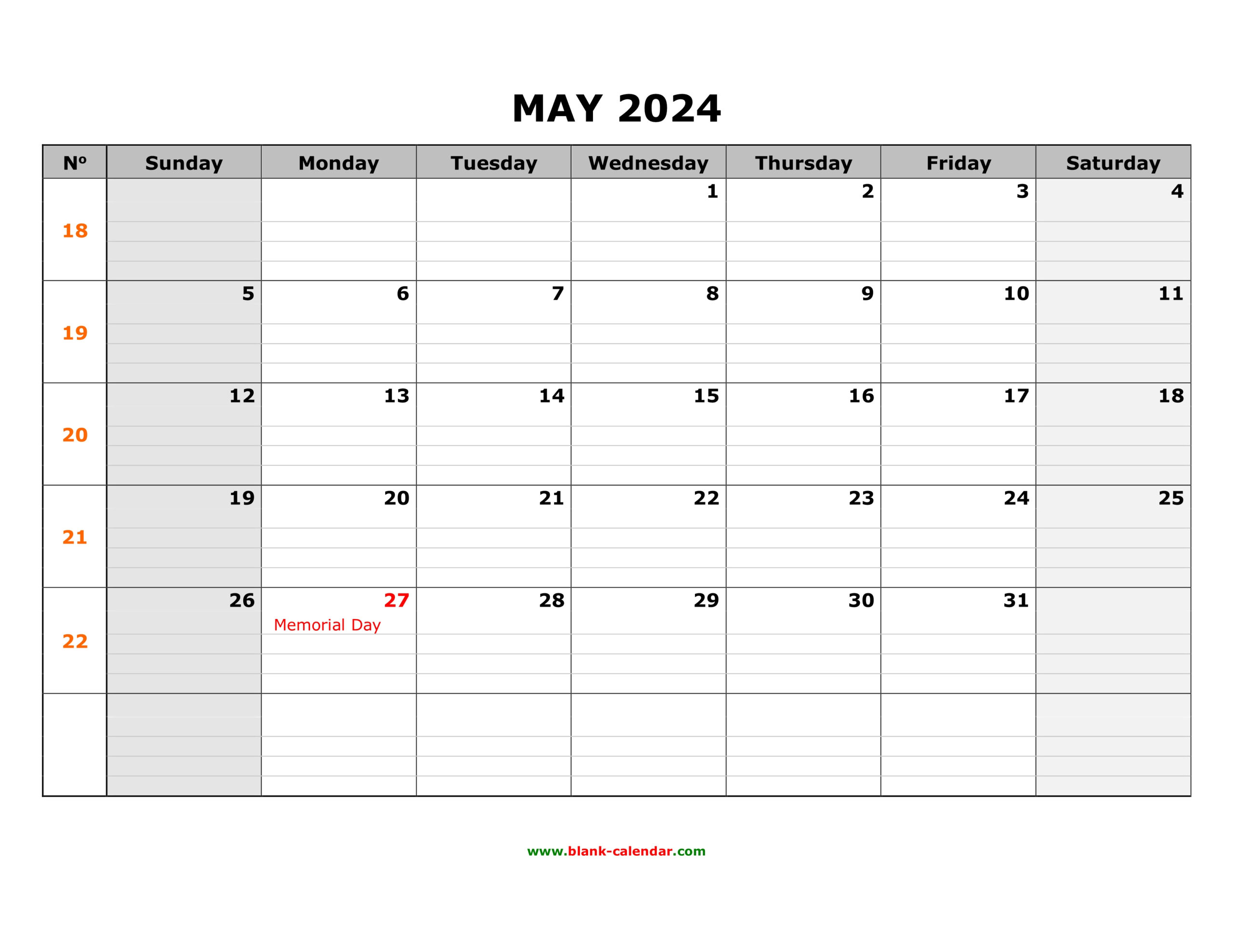 Free Download Printable May 2024 Calendar, Large Box Grid, Space for Printable May 2024 Calendar With Lines