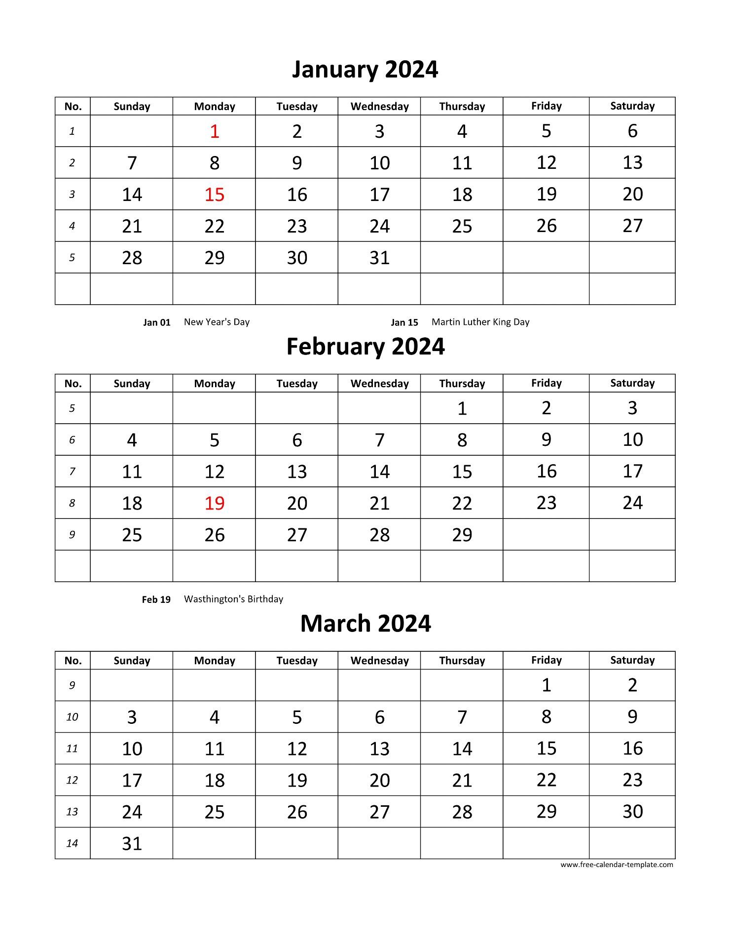 Free Monthly Calendar 2024, 3 Months Per Page (Vertical) | Free for 2024 3 Month Calendar Printable
