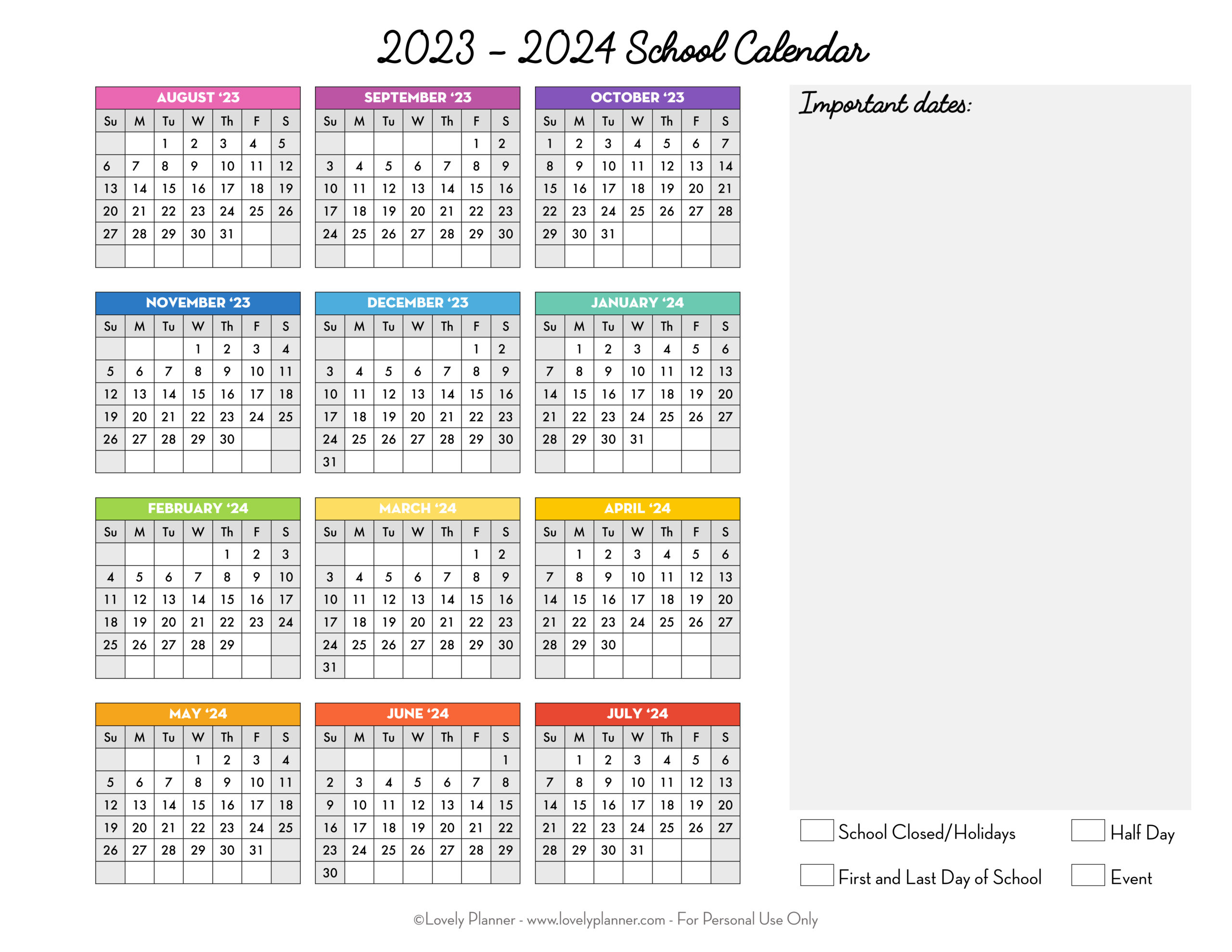 Free Printable 2023-2024 School Calendar - One Page Academic for 2023 And 2024 Academic Calendar Printable