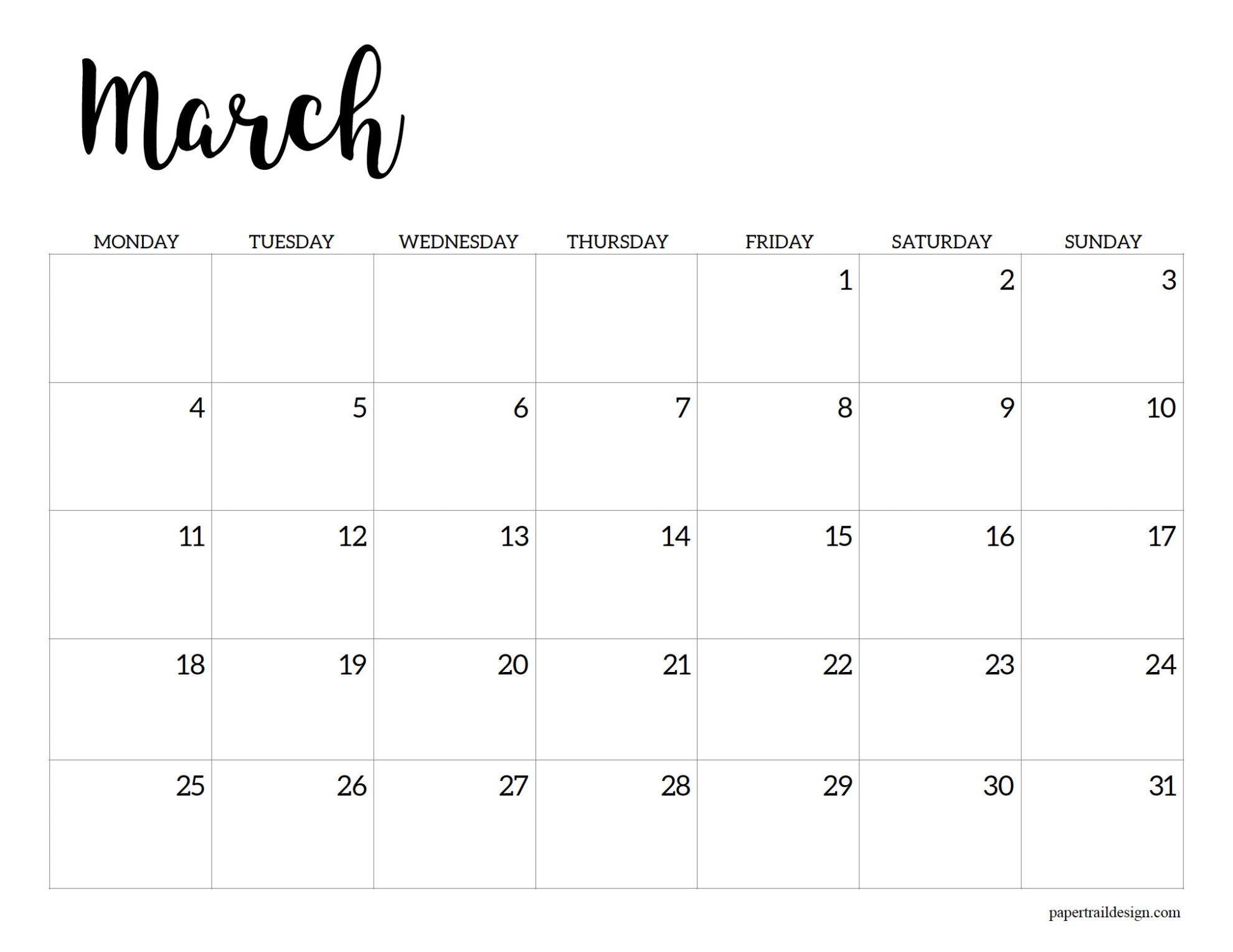 Free Printable 2024 Calendar – Monday Start - Paper Trail Design for March 2024 Calendar Printable Monday Start