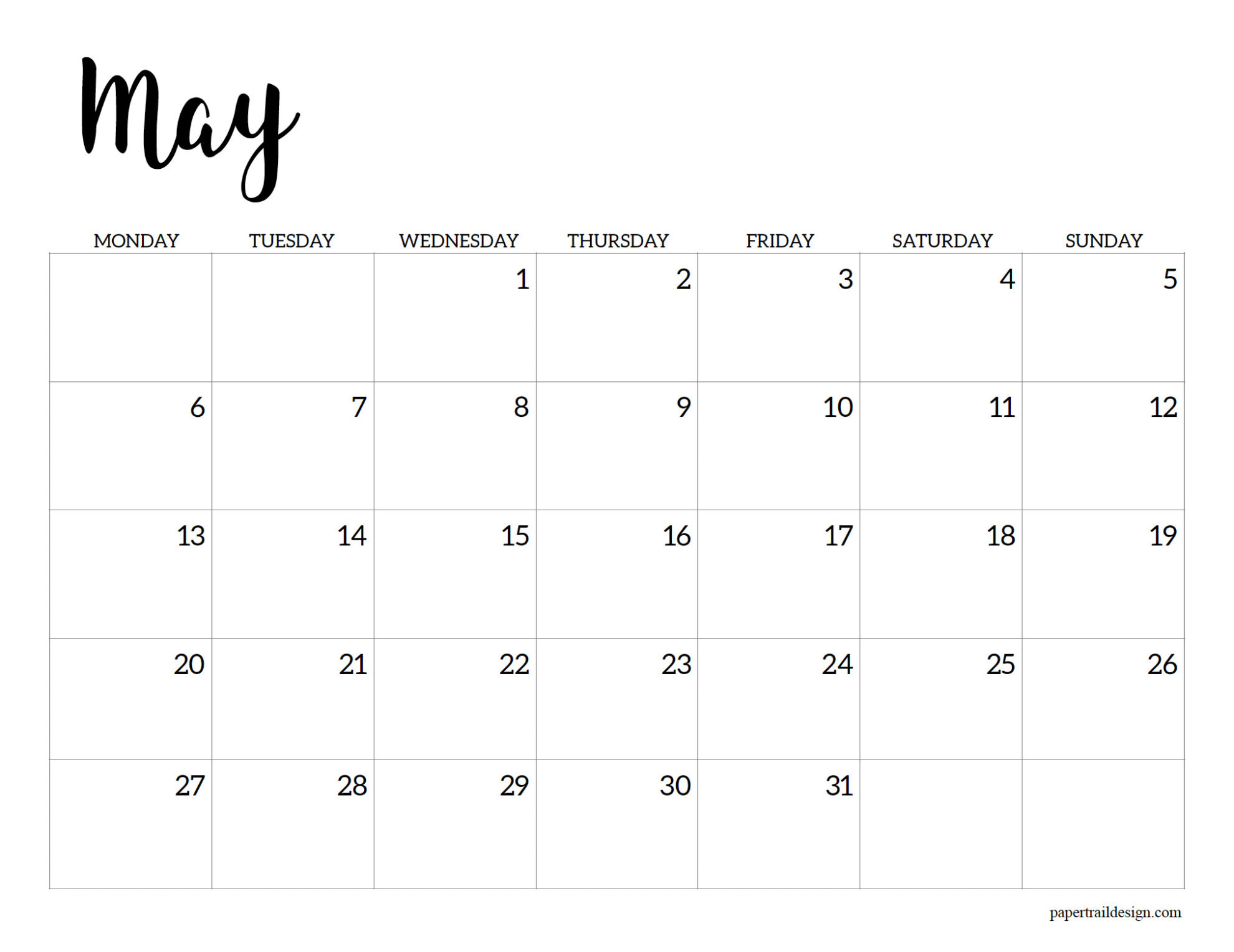 Free Printable 2024 Calendar – Monday Start - Paper Trail Design for May Calendar 2024 Printable Monday Start
