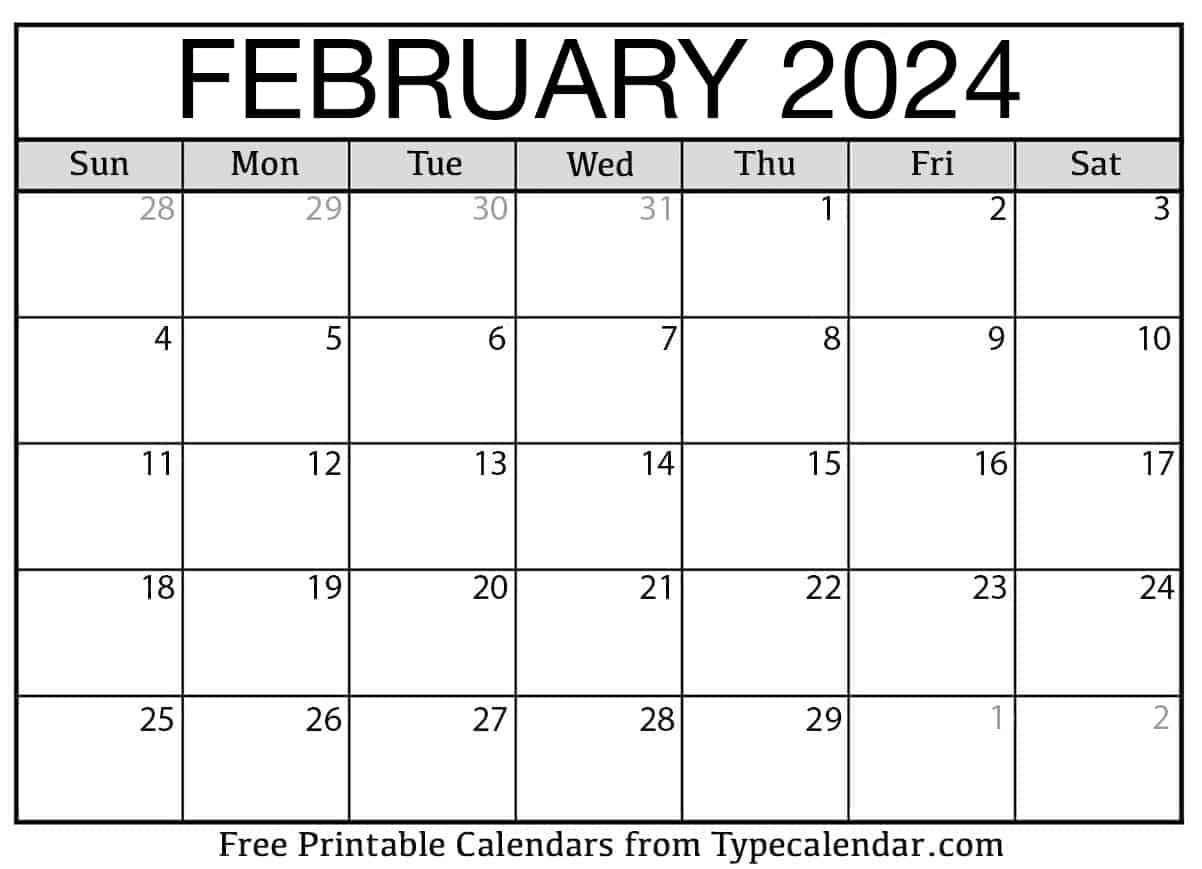 Feburary 2024 Printable Calendar Printable Calendar 2024