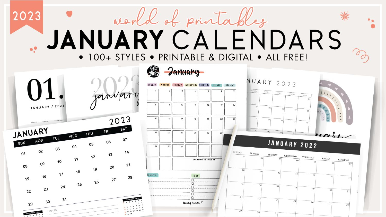 Free Printable January 2023 Calendars - World Of Printables for 12 Month Free Printable Hello Kitty Calendar 2024