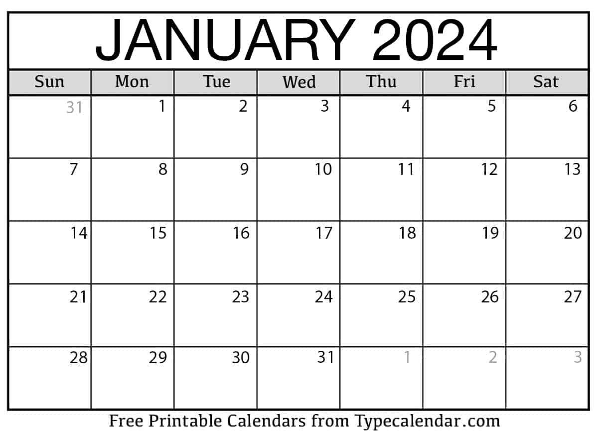 Free Printable January 2024 Calendar - Download for 2024 Individual Month Calendar Printable