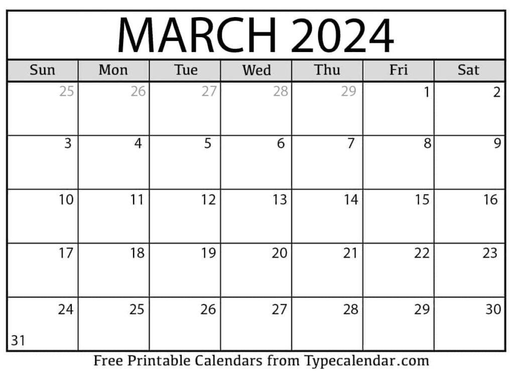 Blank Calendar March 2024 Printable FREE Printable