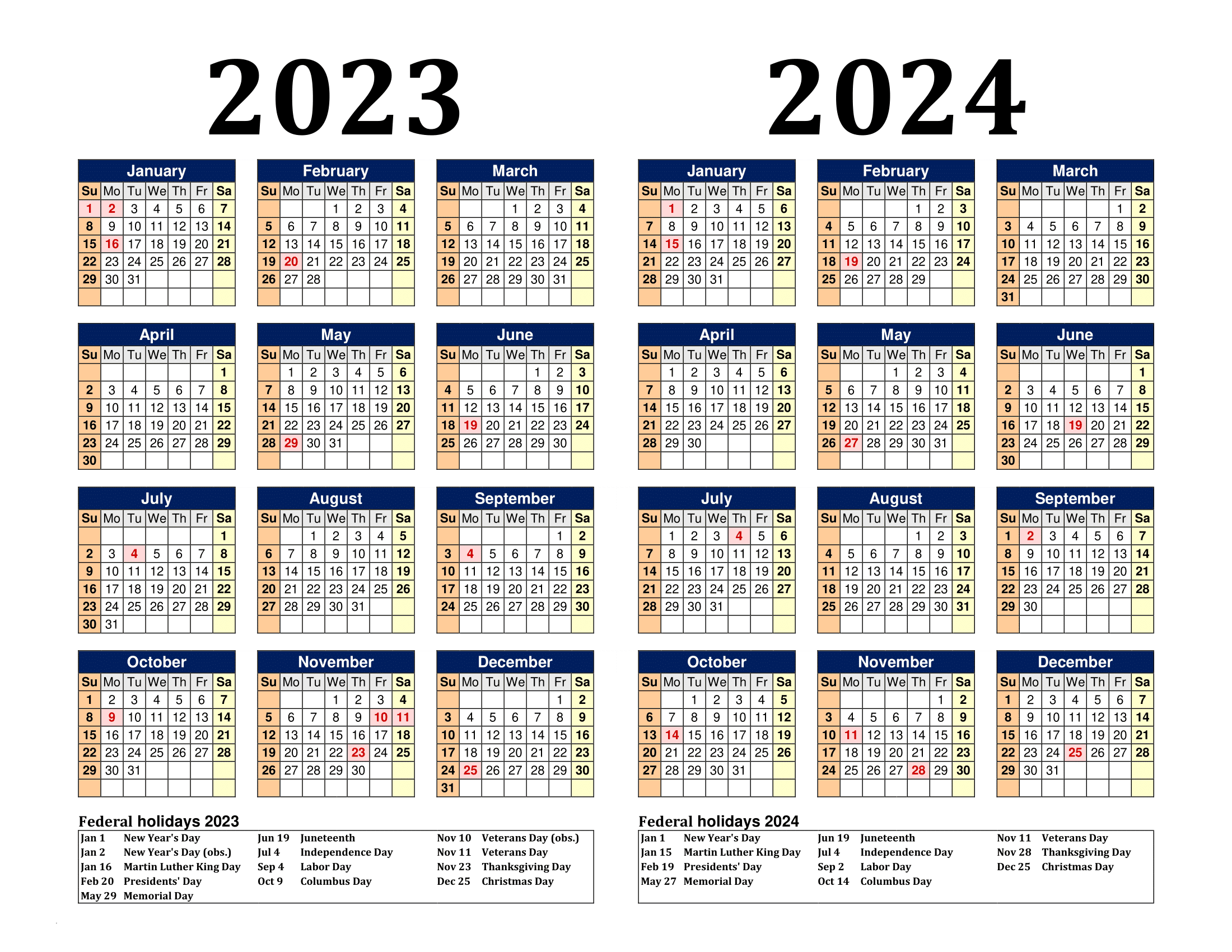 Free Printable Two Year Calendar Templates For 2023 And 2024 In Pdf for 2023-2024 Calendar With Holidays Printable