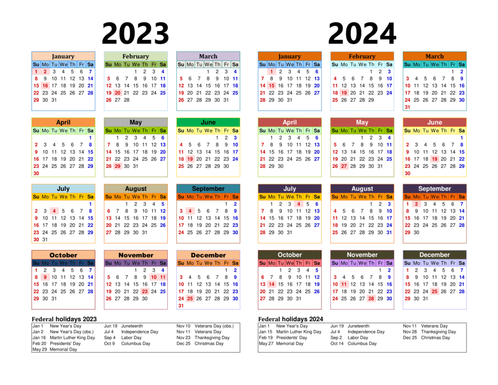 2023 And 2024 Calendar With Holidays Printable | Printable Calendar 2024