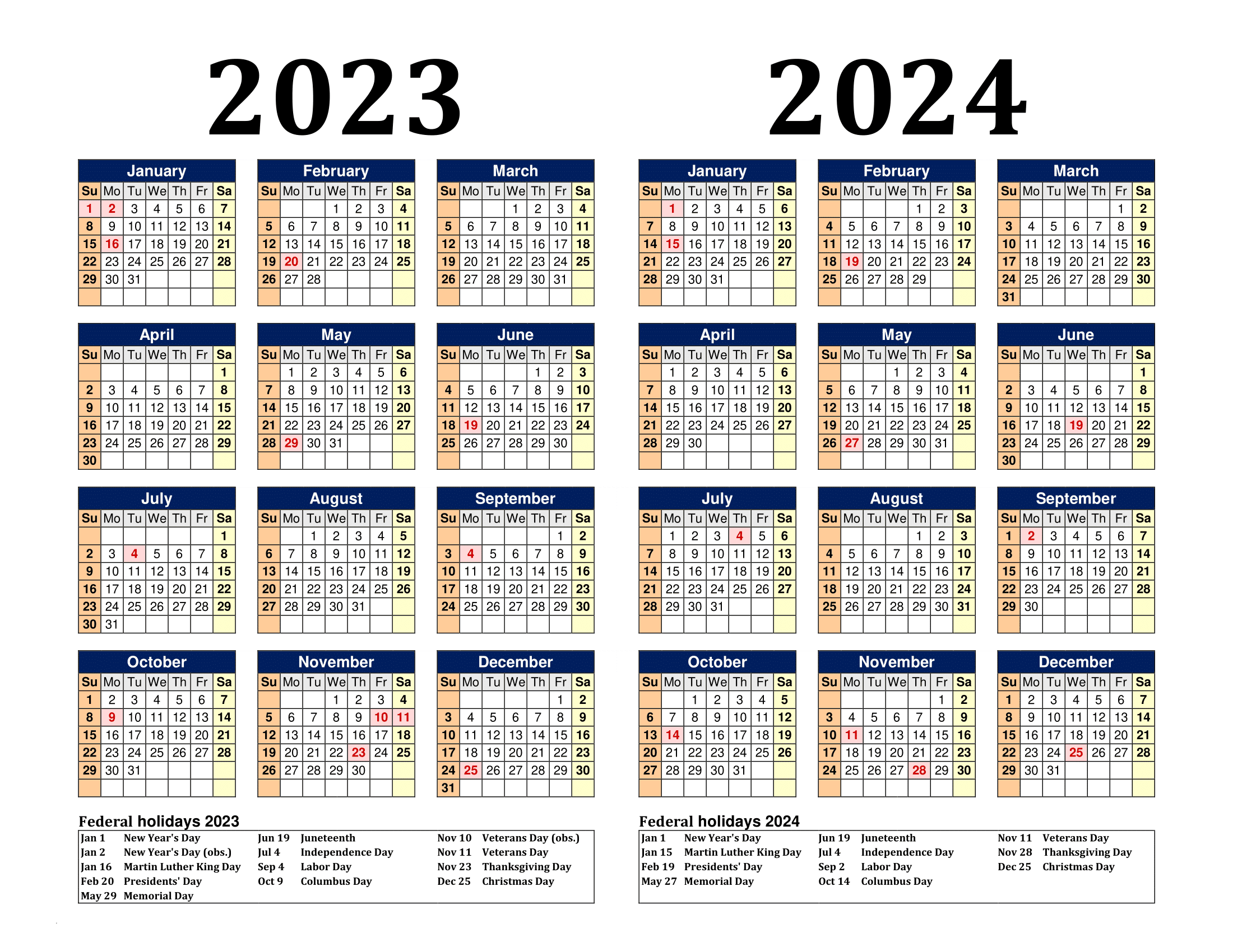 Free Printable Two Year Calendar Templates For 2023 And 2024 In Pdf for 2023 Calendar 2024 Printable Free