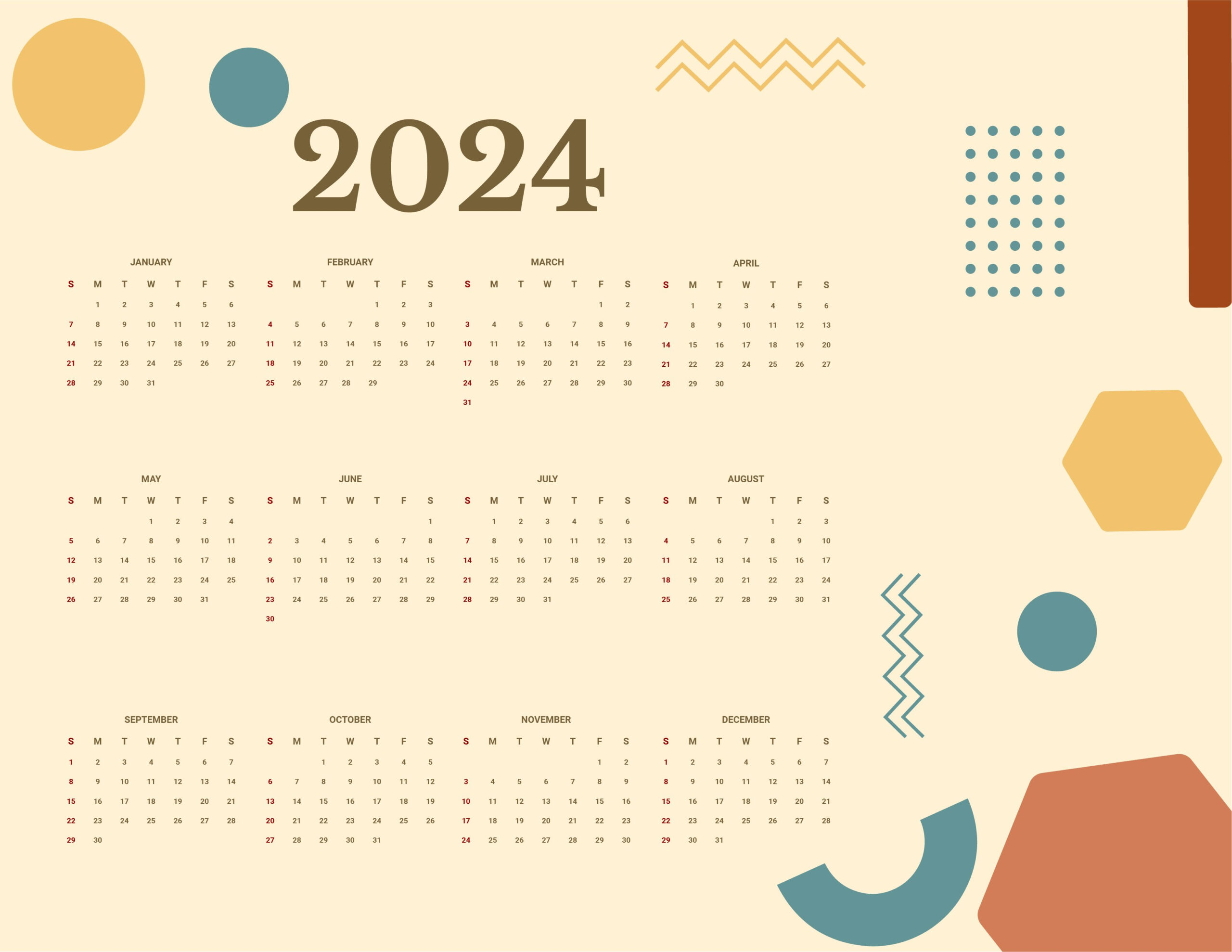 Free Printable Year 2024 Calendar - Word, Google Docs, Illustrator for Aesthetic 2024 Calendar Printable