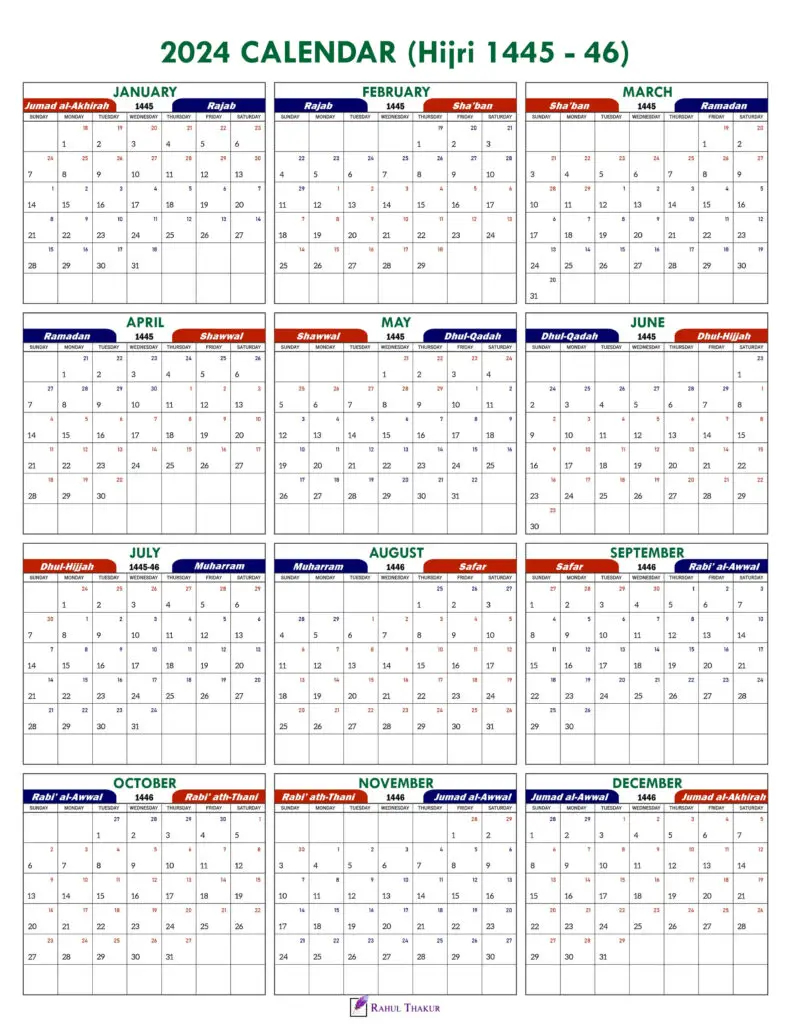 Islamic Calendar 2024 (Hijri 1445-46) - Thakur Writes for Ramadan Calendar 2024 Printable