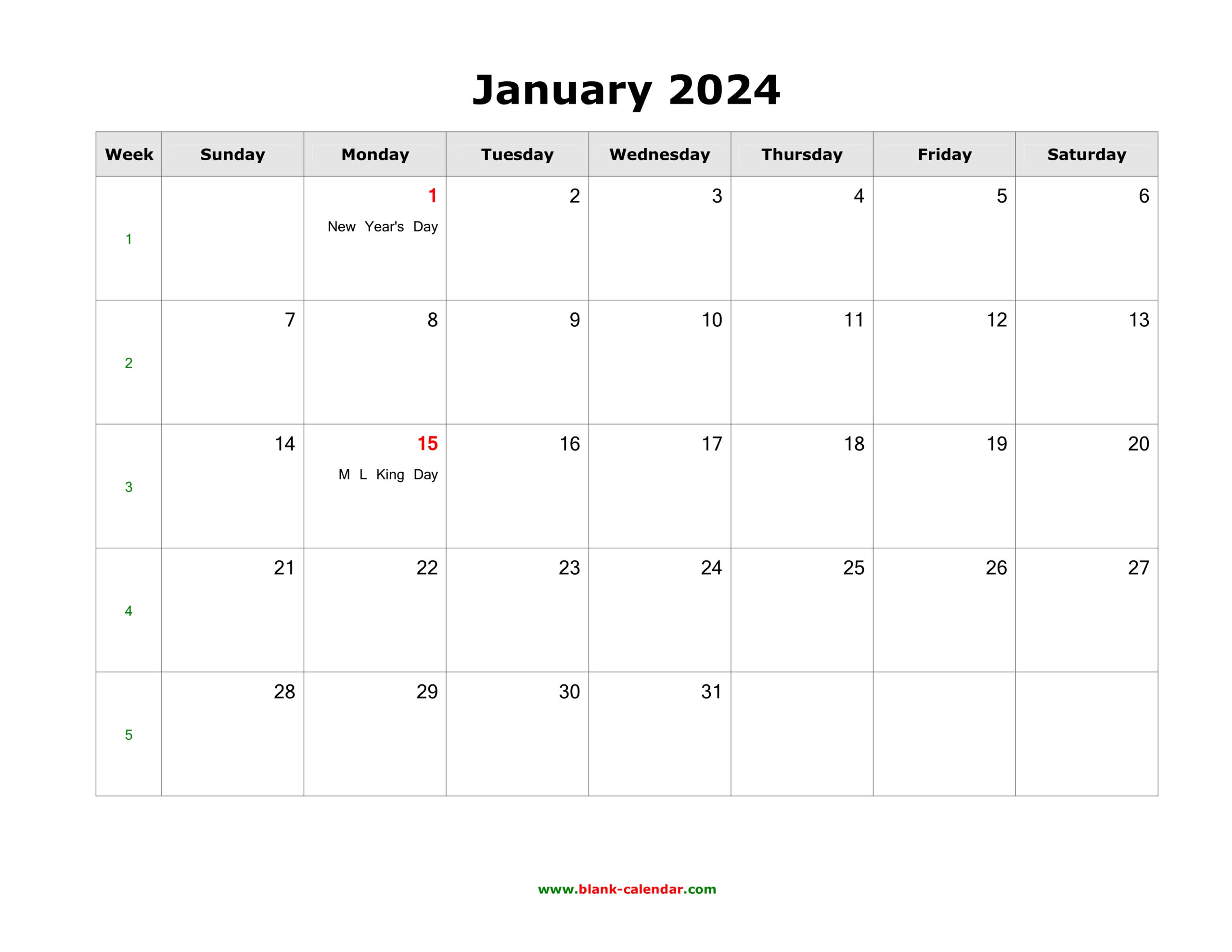 January 2024 Blank Calendar | Free Download Calendar Templates for Blank 2024 Calendar Printable With Holidays