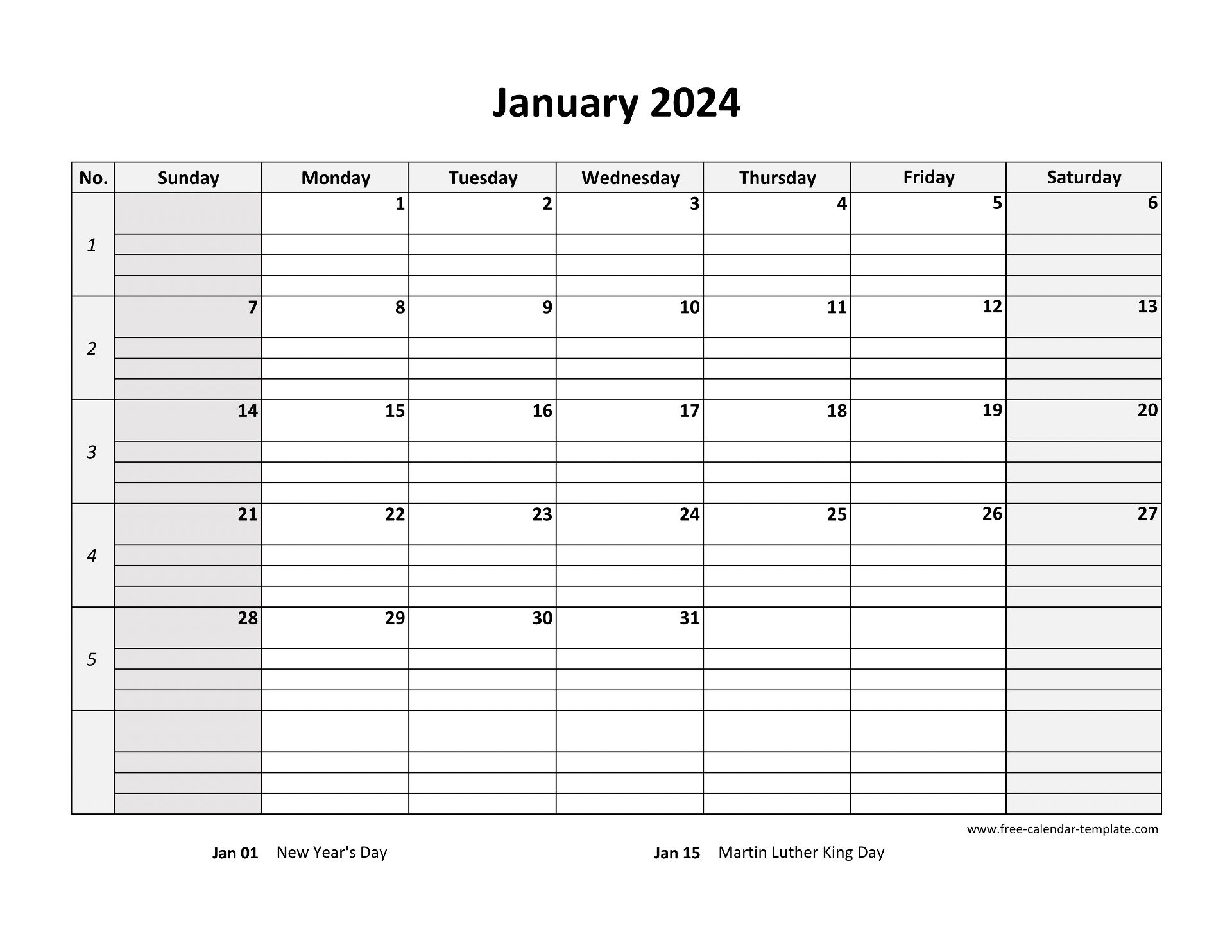 January 2024 Calendar Free Printable With Grid Lines Designed for Printable January 2024 Calendar With Lines