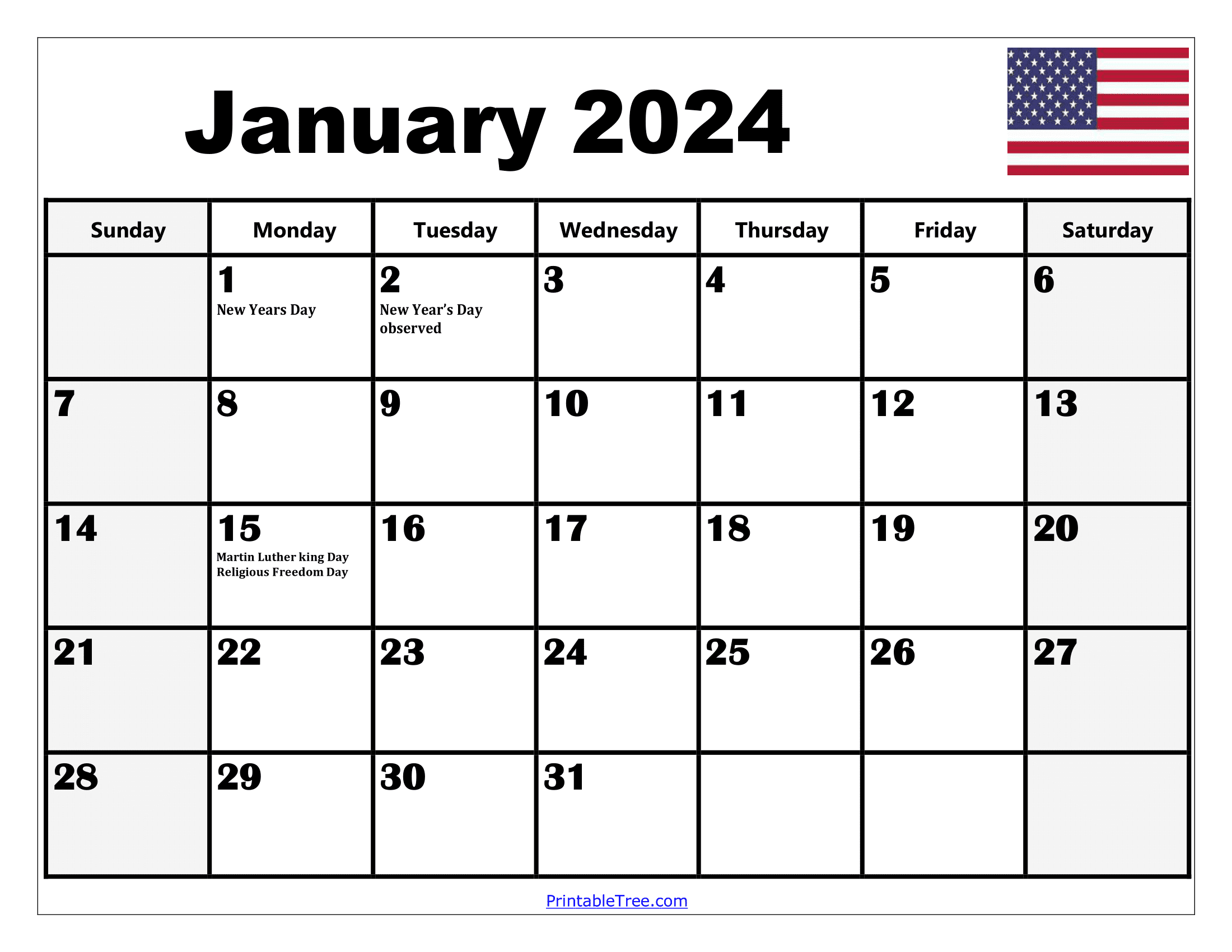 January 2024 Calendar Printable Pdf Template With Holidays for Free Printable Calendar 2024 With Holidays Usa