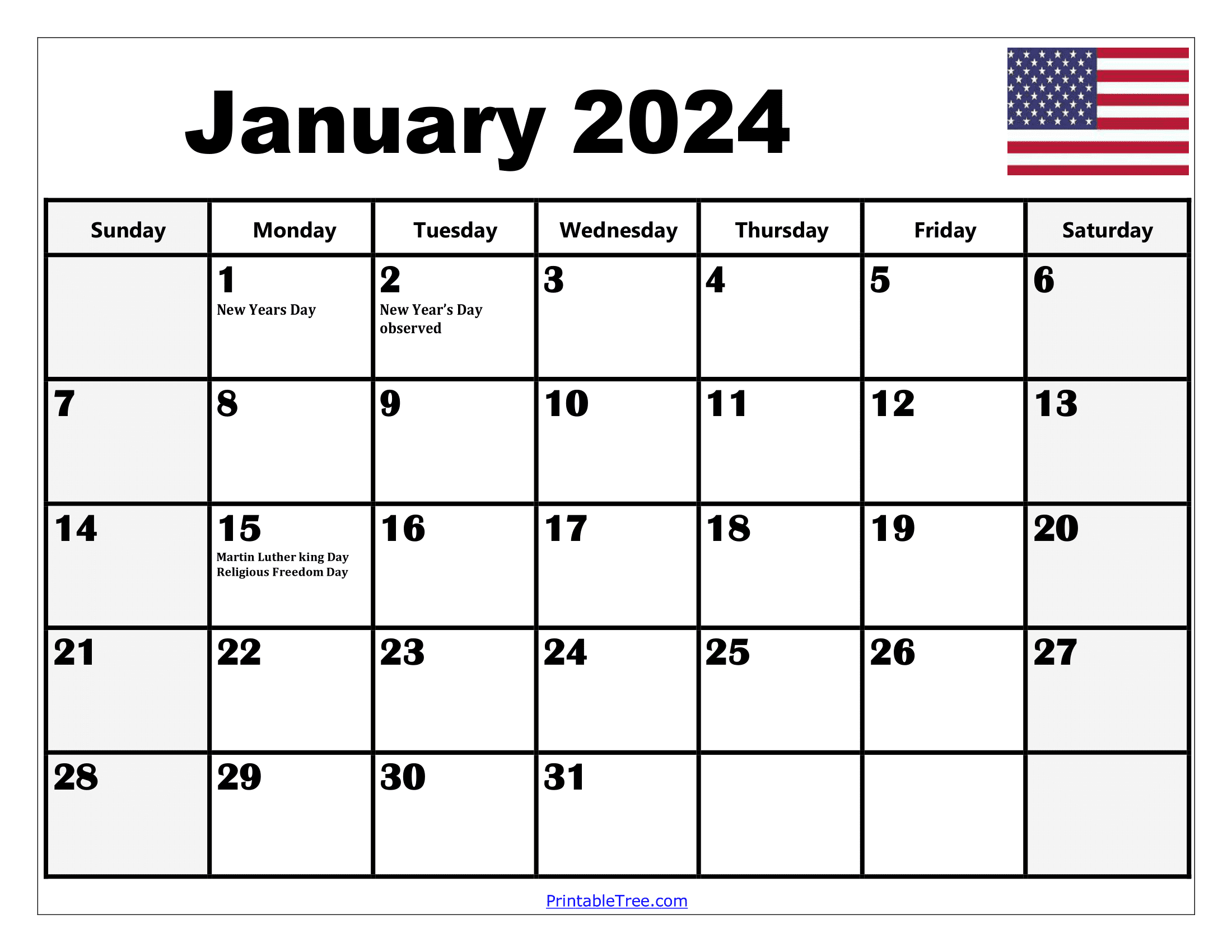 January 2024 Calendar Printable Pdf Template With Holidays for January 2024 Calendar Free Printable With Holidays