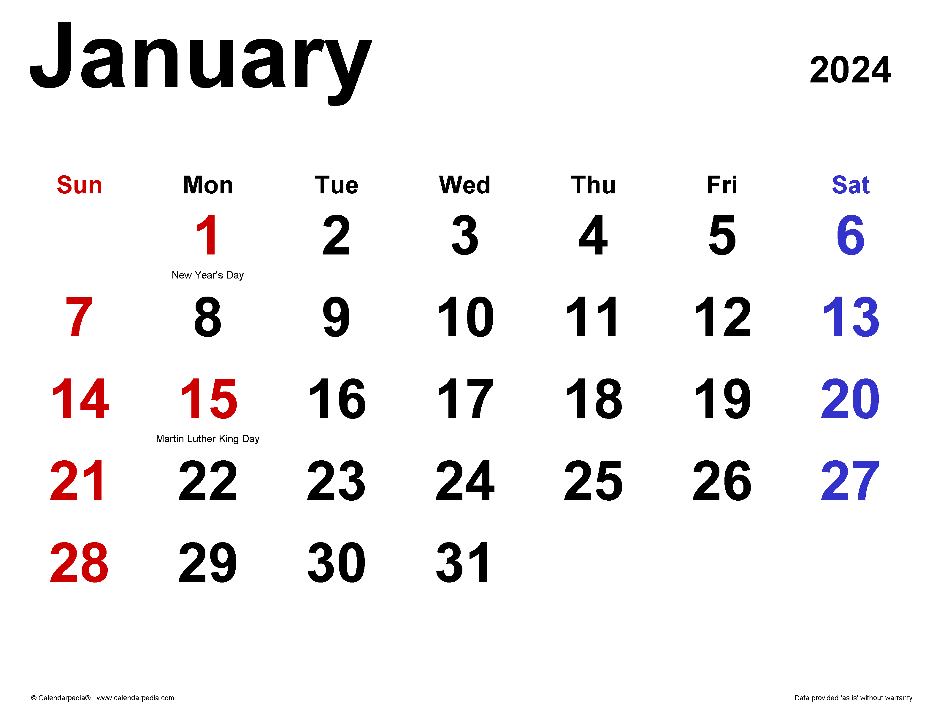 January 2024 Calendar | Templates For Word, Excel And Pdf for January 2024 Calendar Printable Word