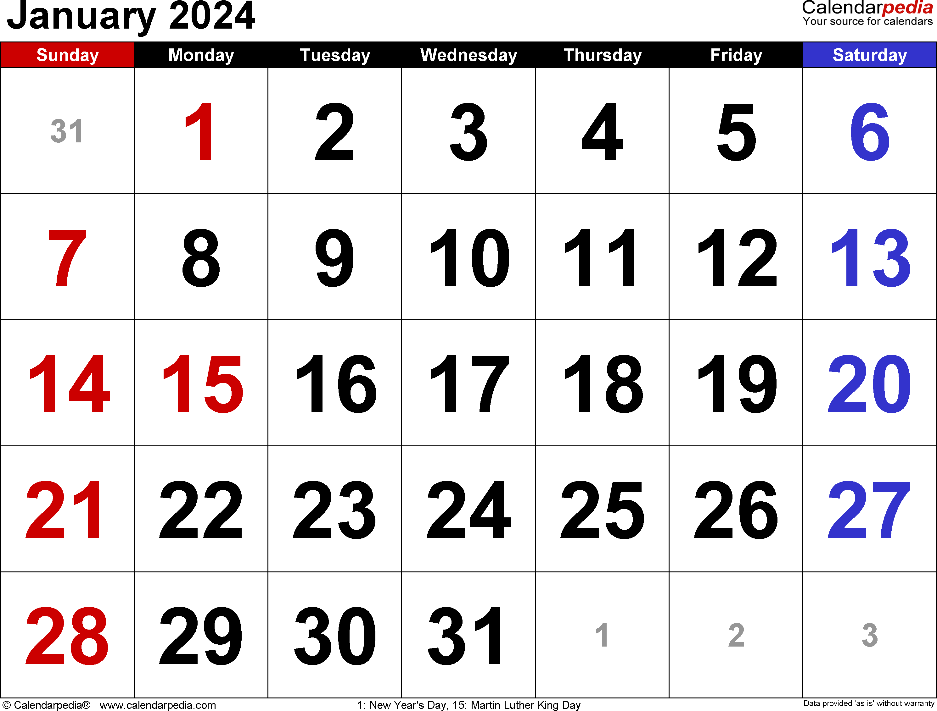 January 2024 Calendar | Templates For Word, Excel And Pdf for January 2024 Printable Calendar Word