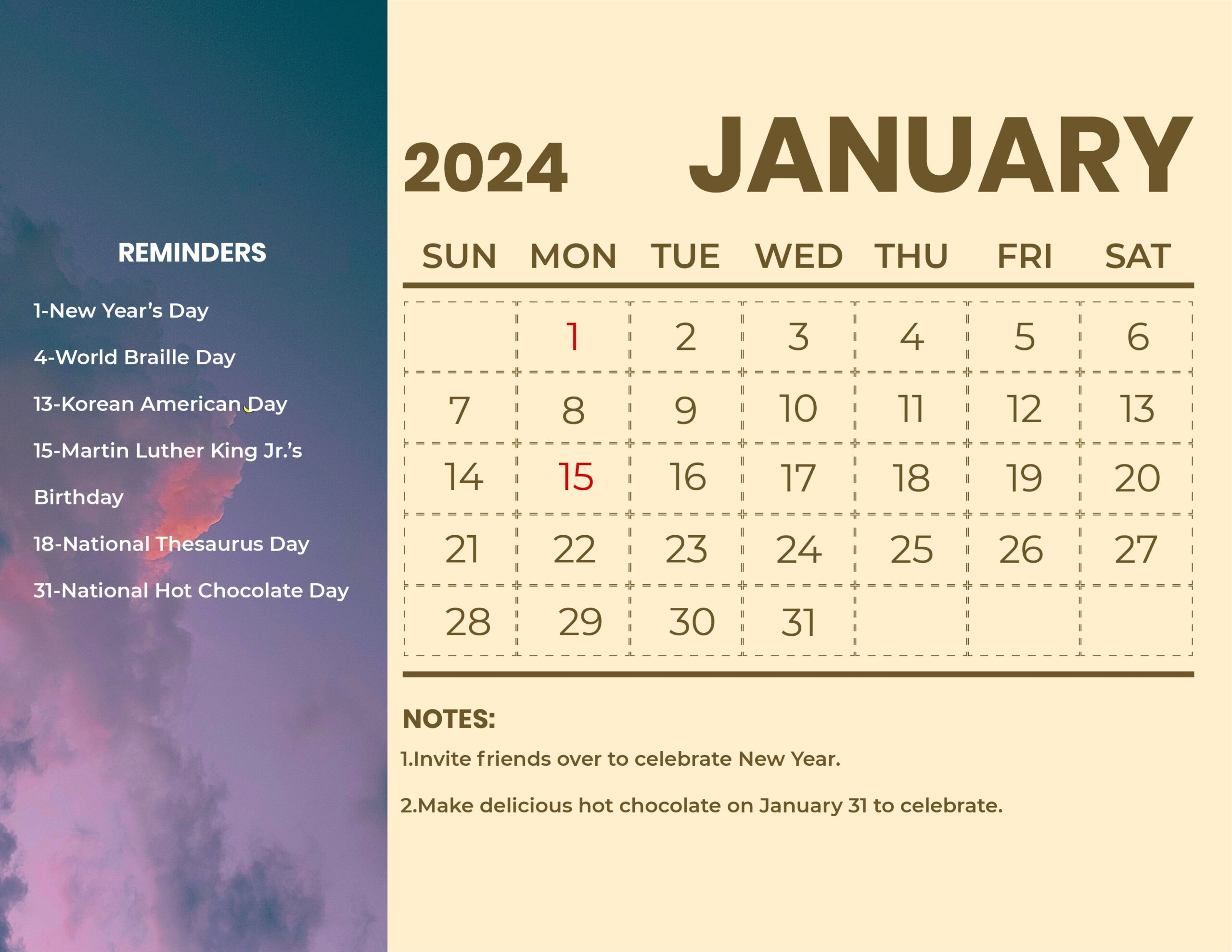 January 2024 Calendar With Holidays - Download In Word for January 2024 Calendar Free Printable With Holidays