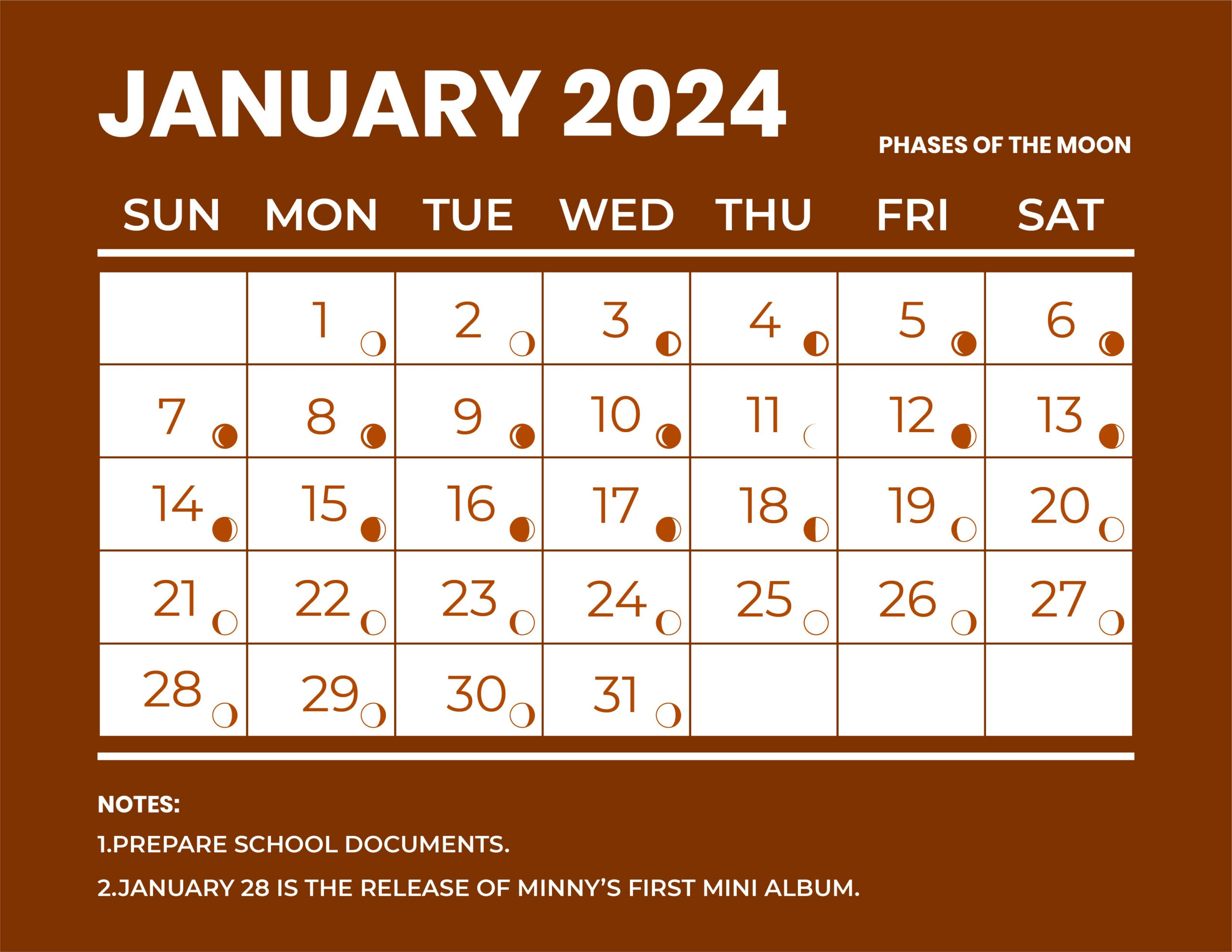 January 2024 Calendar With Moon Phases - Word, Illustrator, Eps for 2024 Lunar Calendar Free Printable