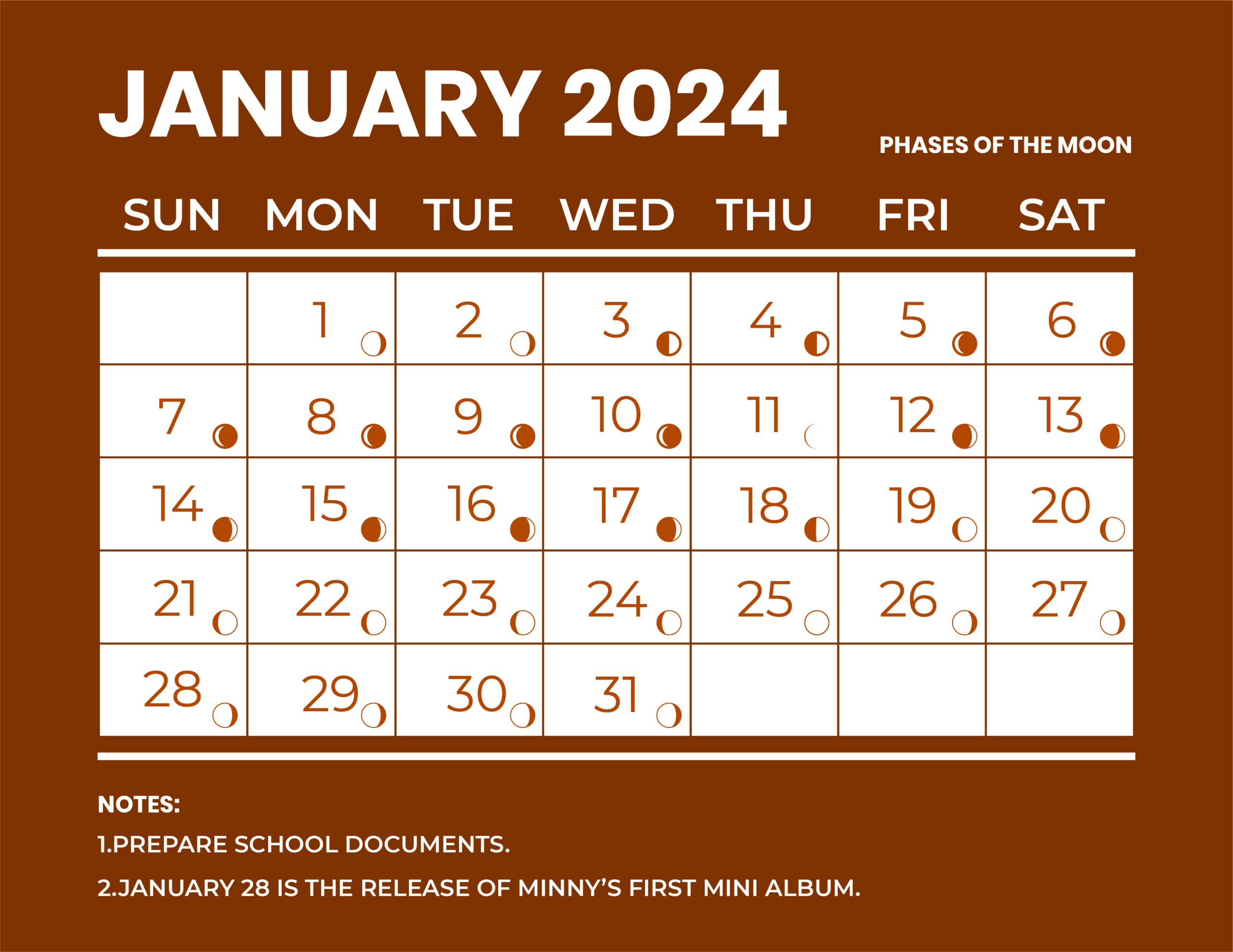 January 2024 Calendar With Moon Phases - Word, Illustrator, Eps for Free Printable Lunar Calendar 2024