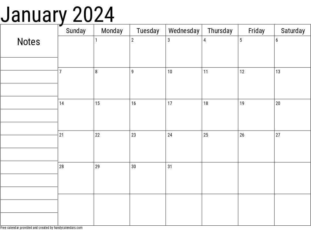 January 2024 Calendar With Notes - Handy Calendars for 2024 Calendar Printable With Notes