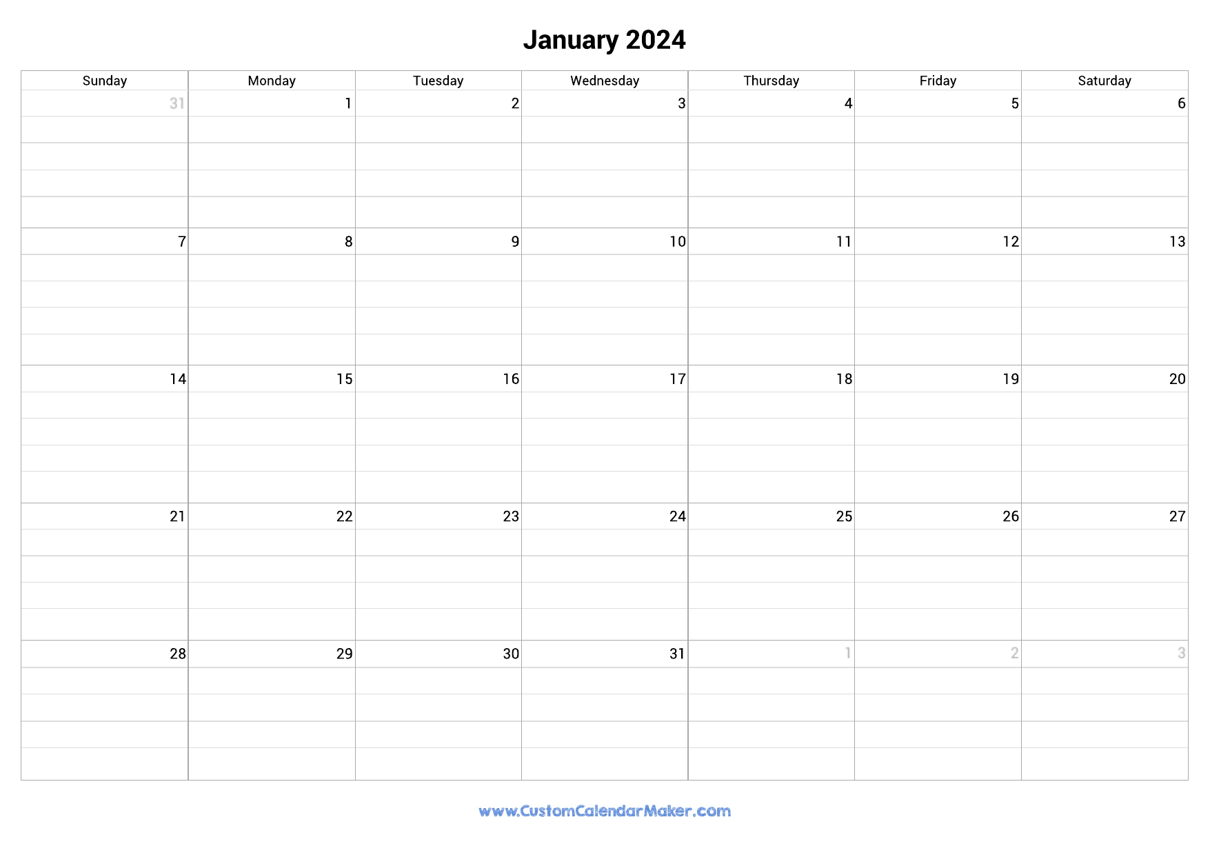 January 2024 Fillable Calendar Grid With Lines for 2024 Calendar Printable With Lines