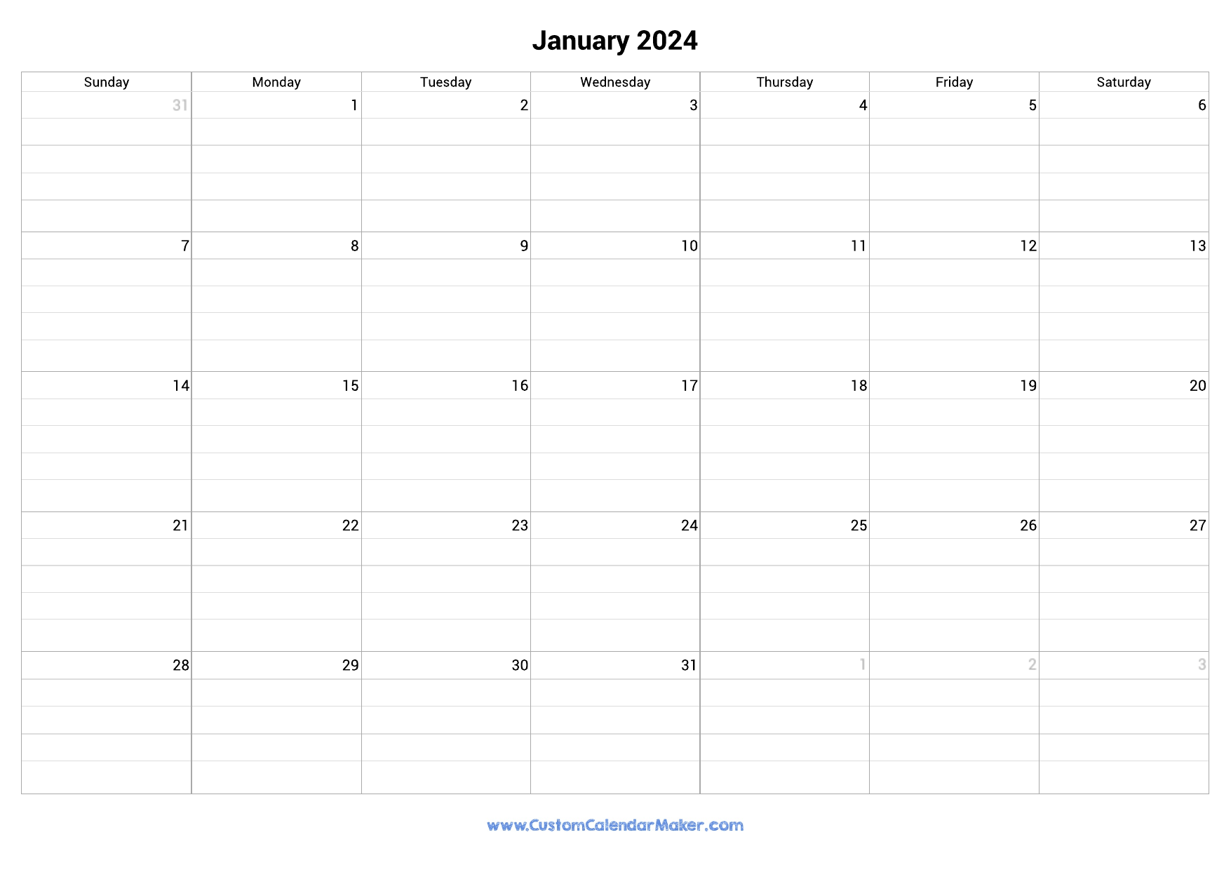 January 2024 Fillable Calendar Grid With Lines for Free Printable Monthly Calendar 2024 With Lines