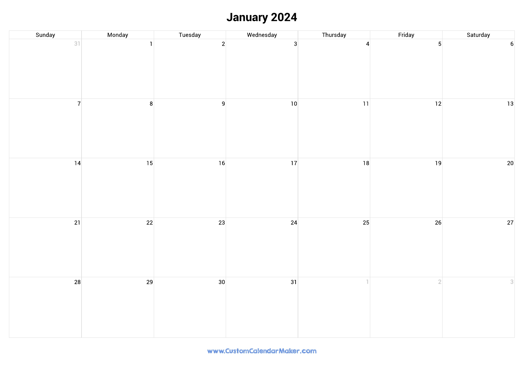 January 2024 Landscape Calendar With Large Boxes for Free Printable Calendar With Large Boxes 2024