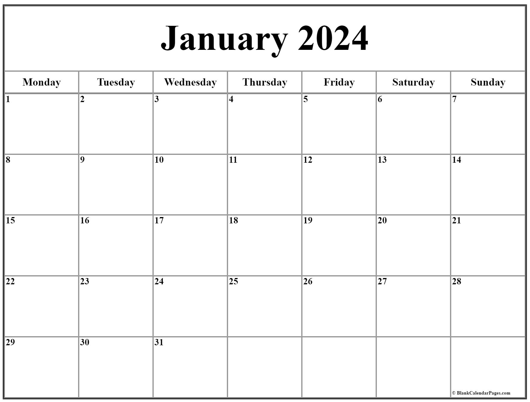 January 2024 Monday Calendar | Monday To Sunday for 2024 Calendar Printable Monday Start