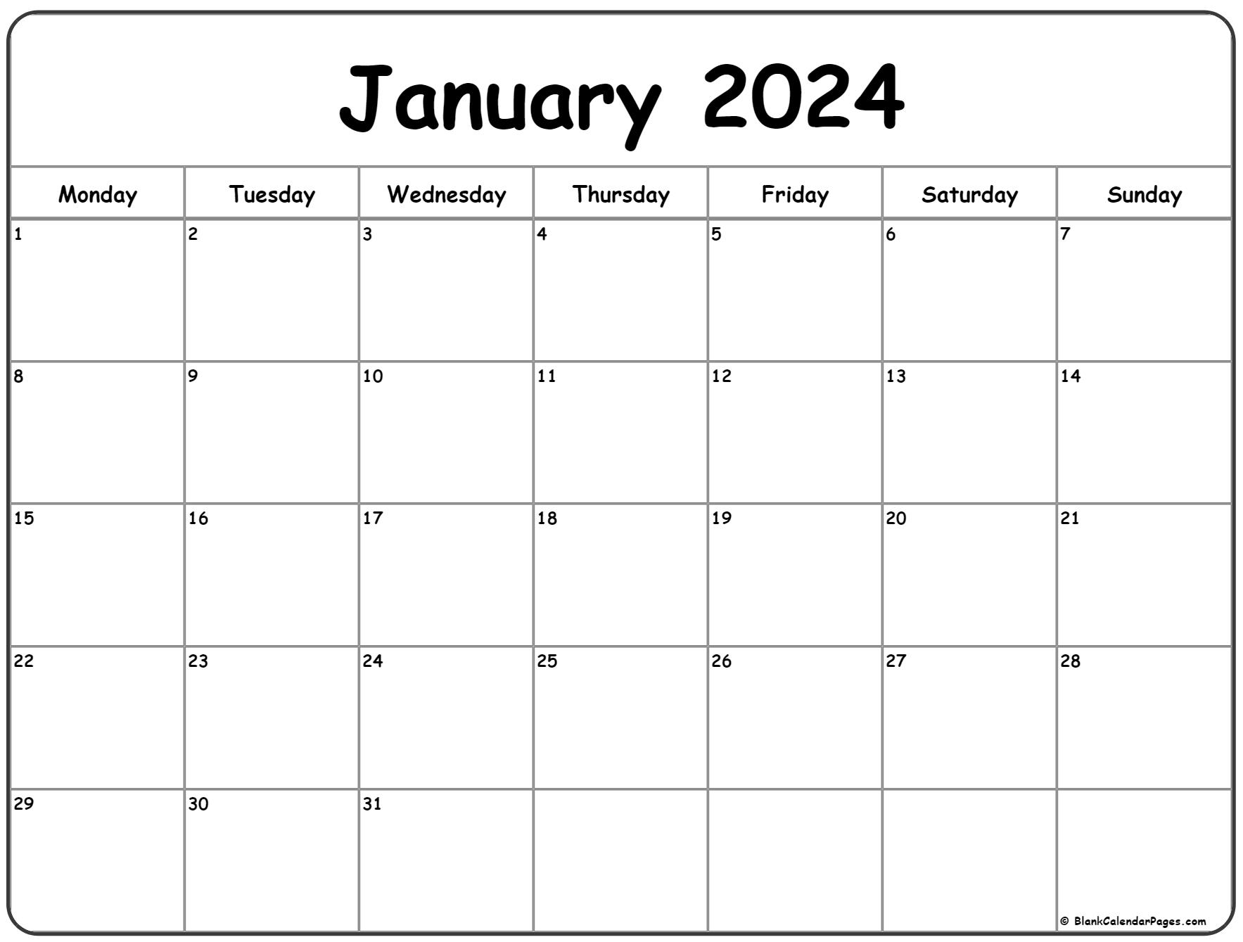 January 2024 Monday Calendar | Monday To Sunday for Calendar Free Printable January 2024