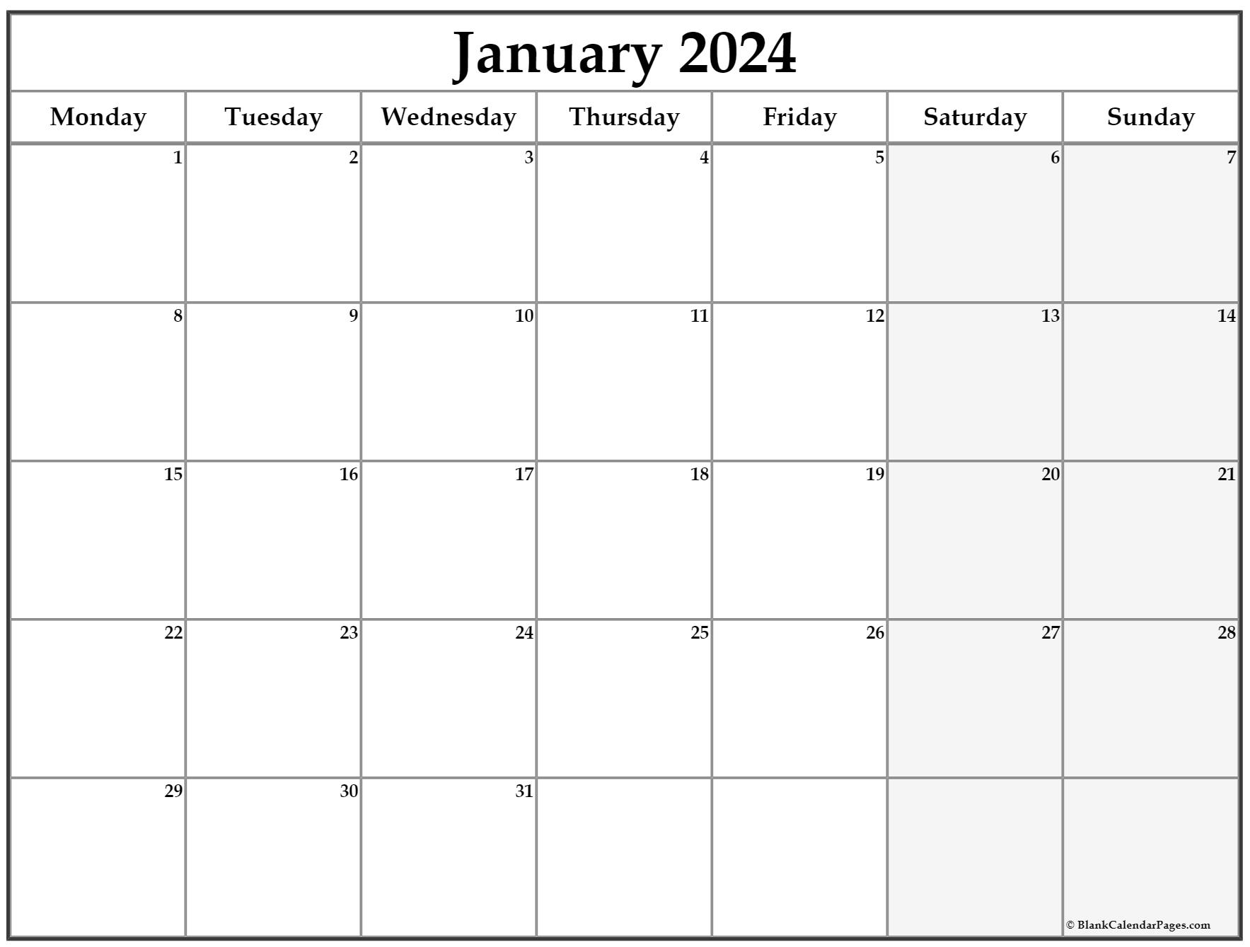 January 2024 Monday Calendar | Monday To Sunday for January 2024 Calendar Printable Monday Start