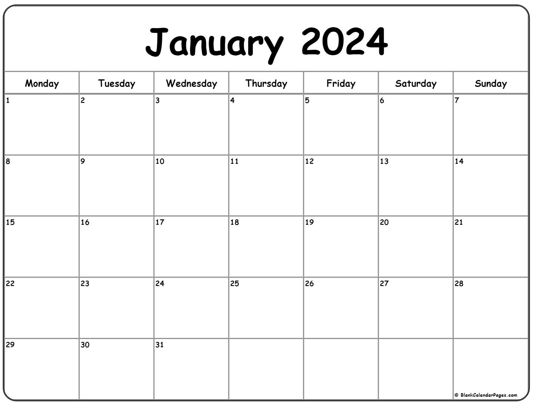 January 2024 Monday Calendar | Monday To Sunday for January 2024 Calendar Printable Monday Start