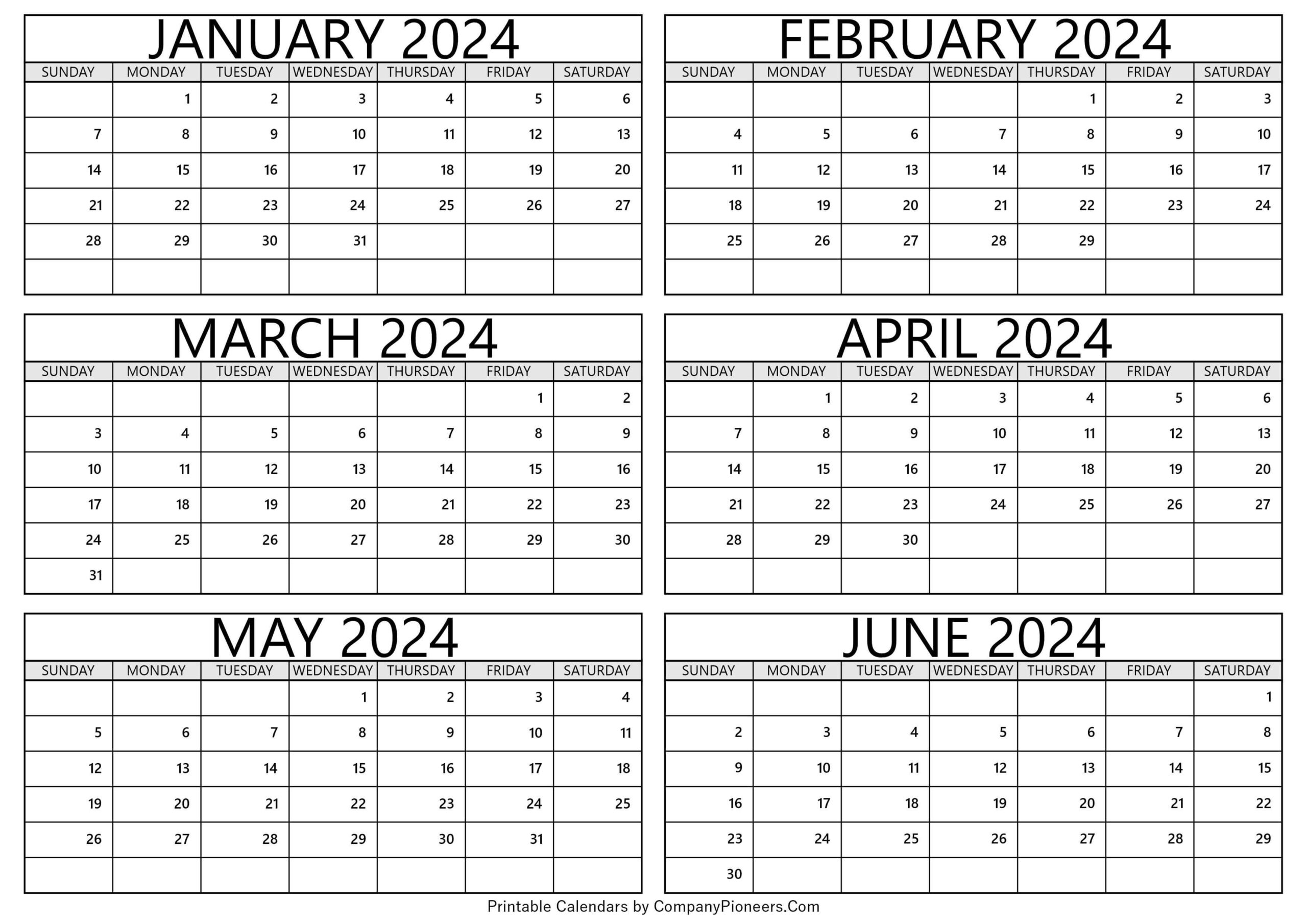 January 2024 To June 2024 Calendar Printable - Template for January June 2024 Printable Calendar