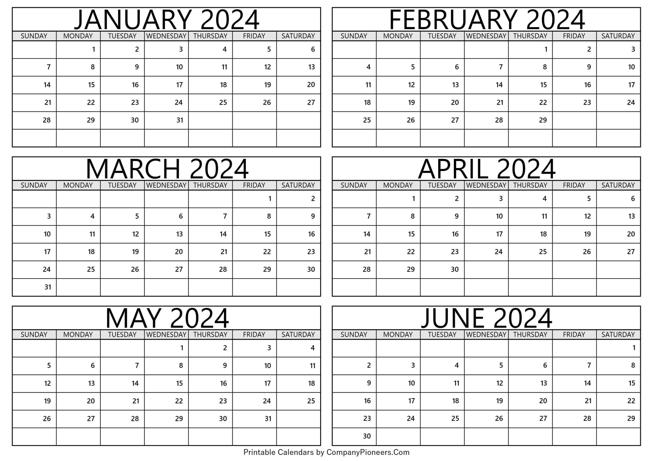 January To June 2024 Printable Calendar Printable Calendar 2024