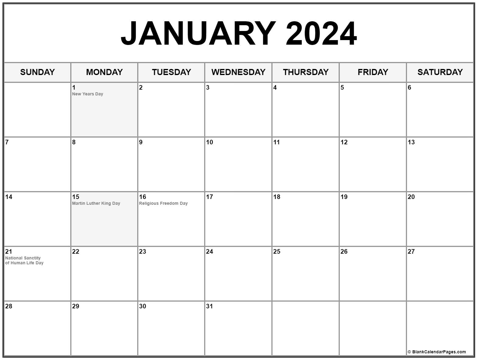 January 2024 With Holidays Calendar for Free Monthly Printable Calendar 2024 With Holidays