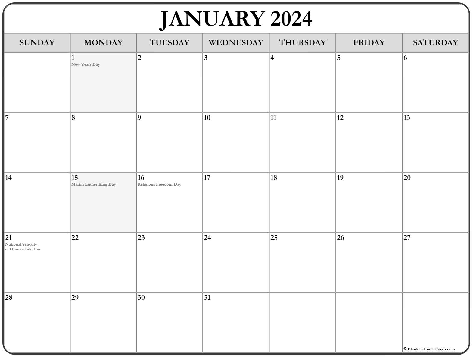 January 2024 With Holidays Calendar for Free Printable Calendar January 2024 With Holidays