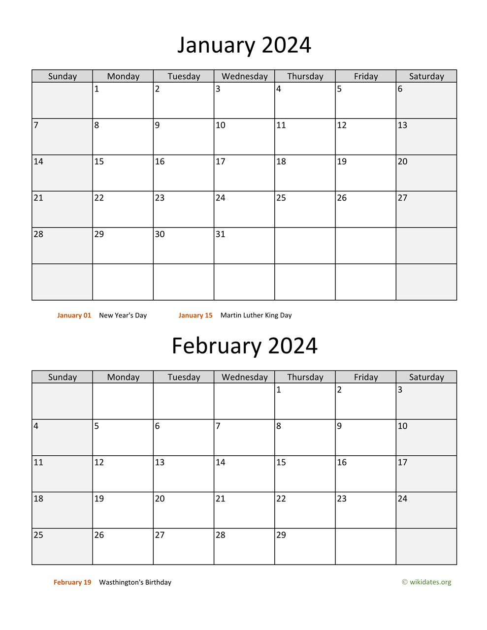 January And February 2024 Calendar | Wikidates for Free Printable Calendar January And February 2024