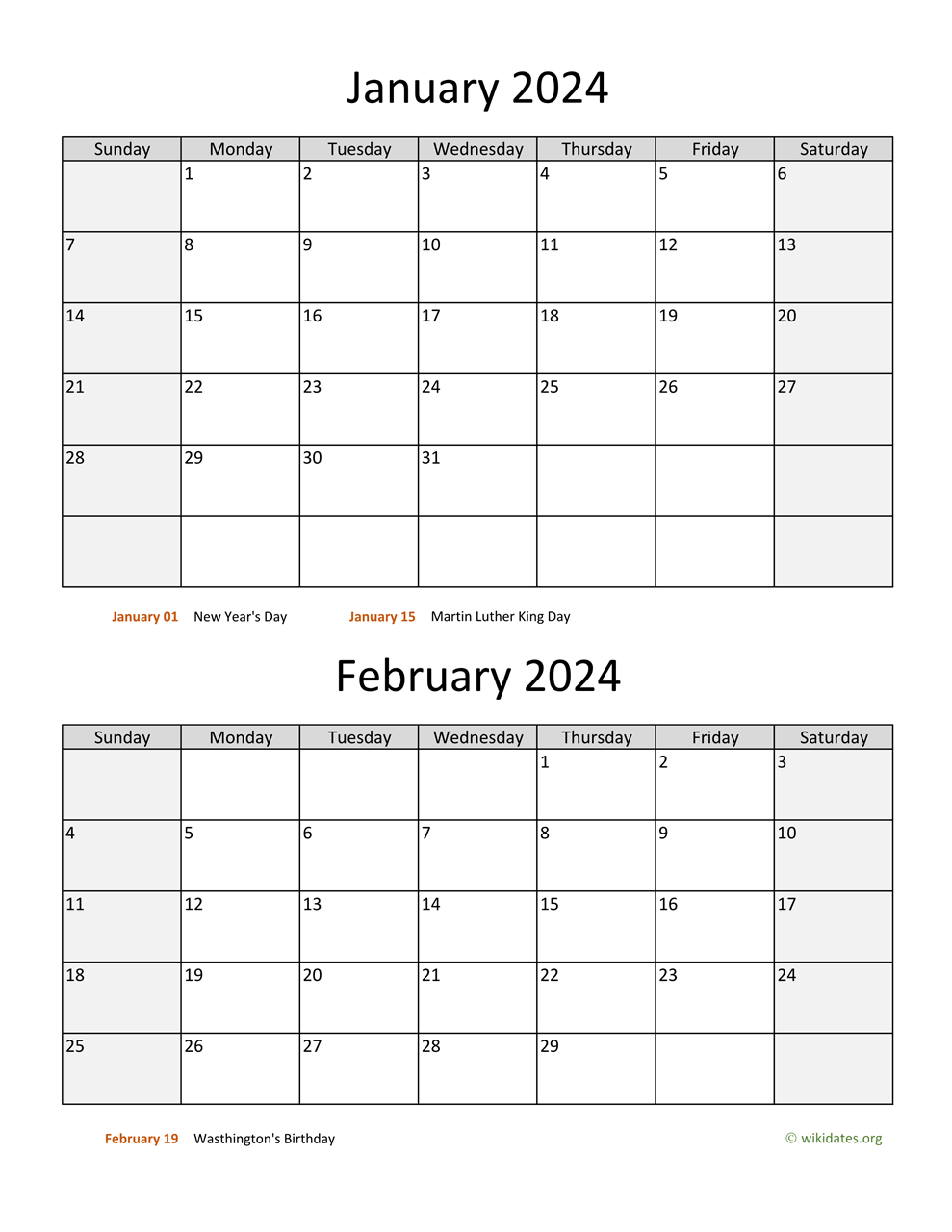 January And February 2024 Calendar | Wikidates for Jan Feb 2024 Calendar Printable